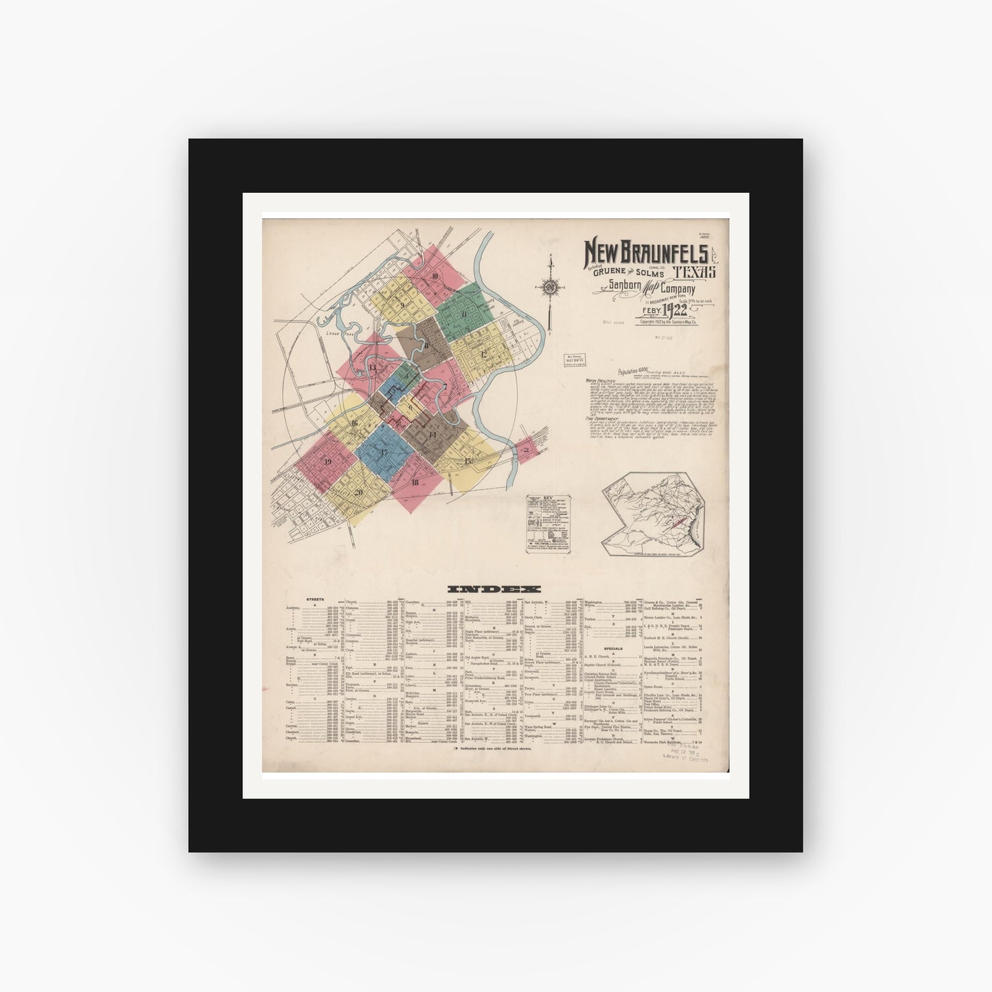 Old map wall art mockup — black gallery frame with white mat — Sanborn Fire Insurance Map from New Braunfels, Comal County, Texas (1922), Sheet #0001