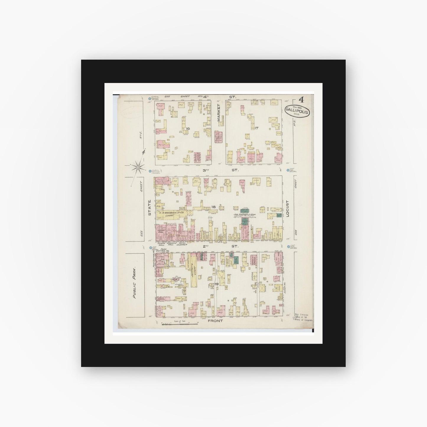 Old map wall art mockup — black gallery frame with white mat — Sanborn Fire Insurance Map from Gallipolis, Gallia County, Ohio (1885), Sheet #0004