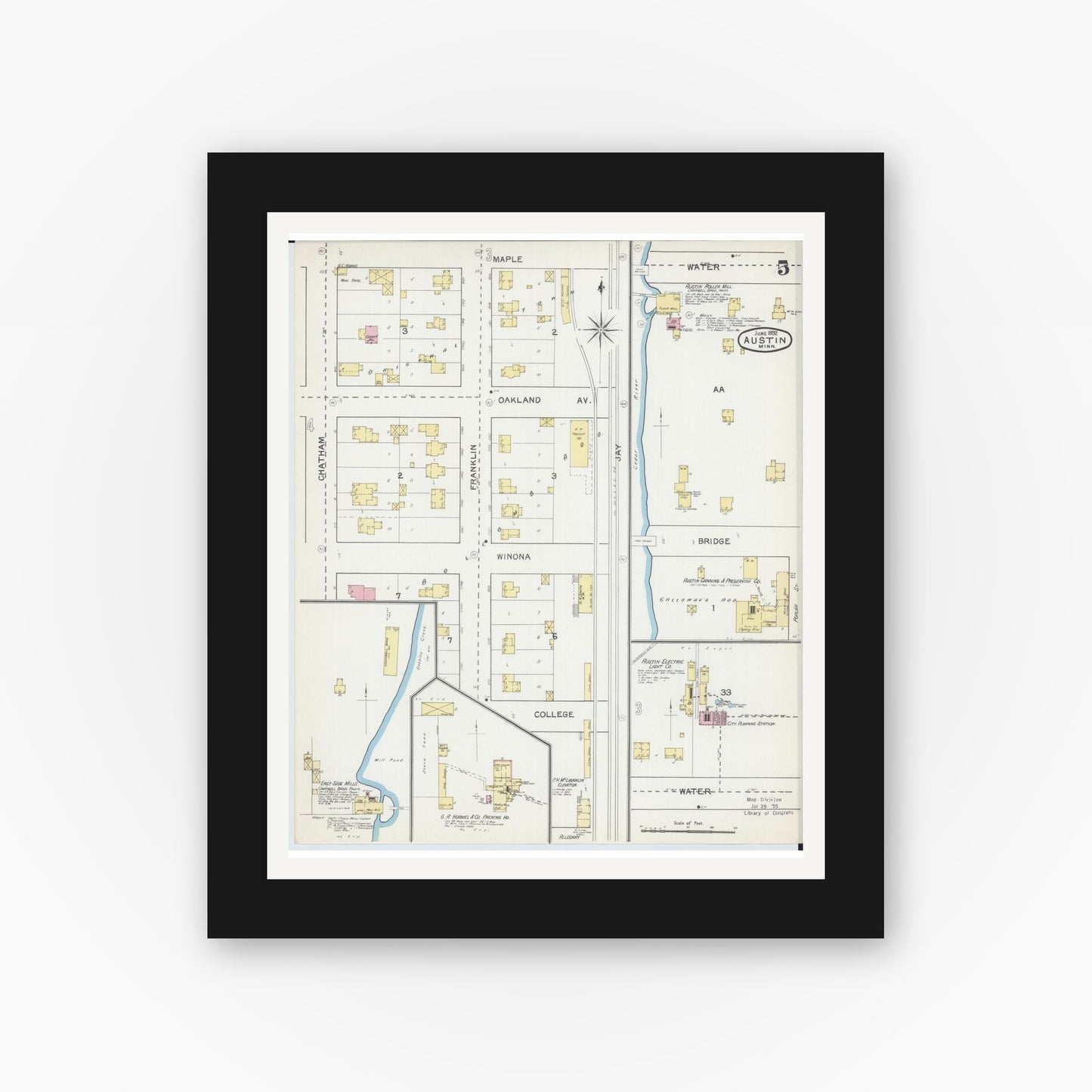 Old map wall art mockup — black gallery frame with white mat — Sanborn Fire Insurance Map from Austin, Mower County, Minnesota (1892), Sheet #0005