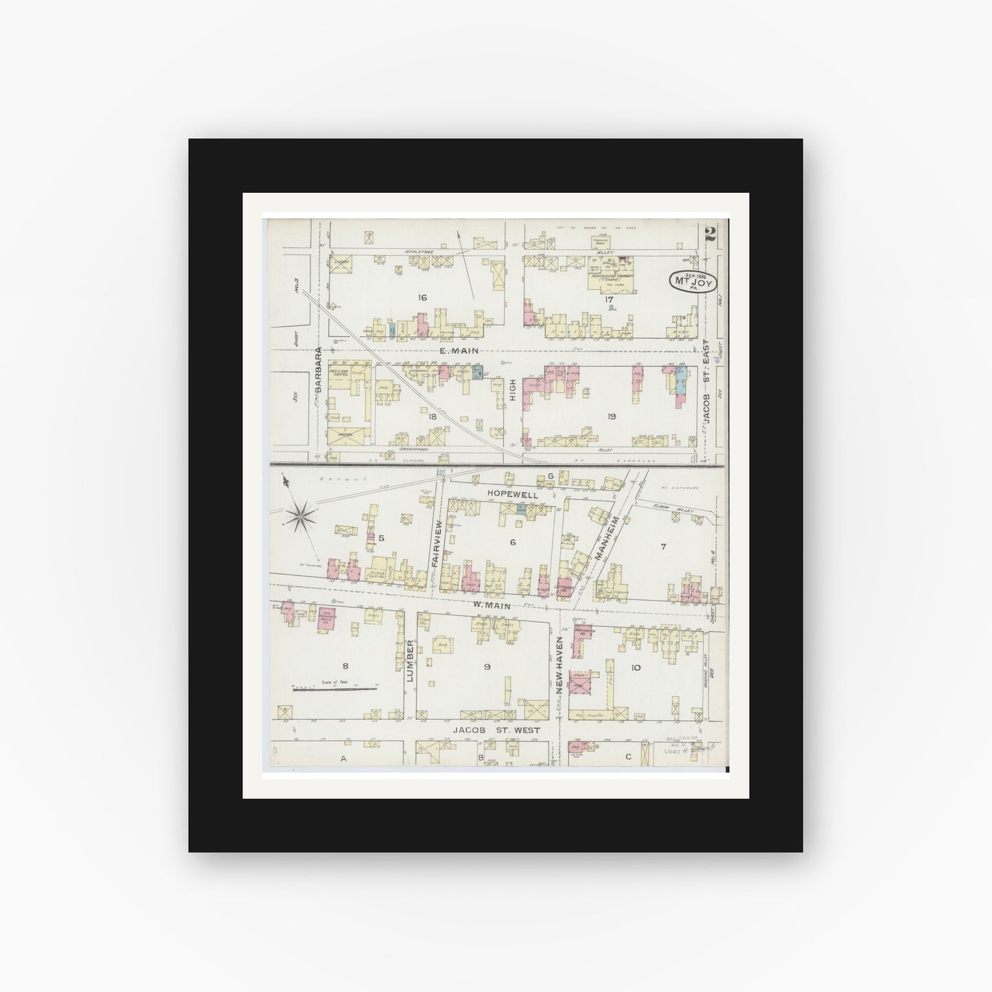 Old map wall art mockup — black gallery frame with white mat — Sanborn Fire Insurance Map from Mount Joy, Lancaster County, Pennsylvania (1886), Sheet #0002