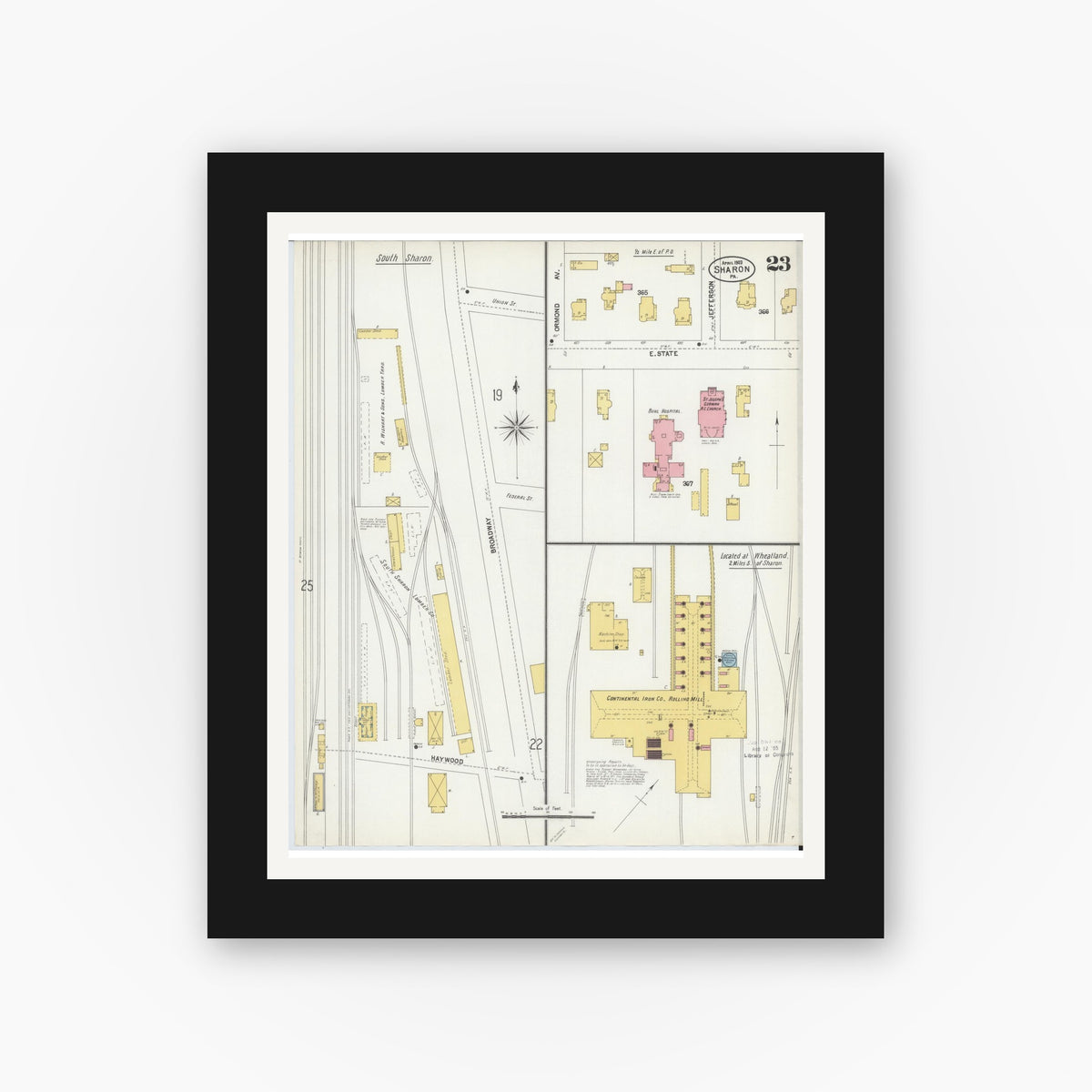 Old map wall art mockup — black gallery frame with white mat — Sanborn Fire Insurance Map from Sharon, Mercer County, Pennsylvania (1903), Sheet #0023