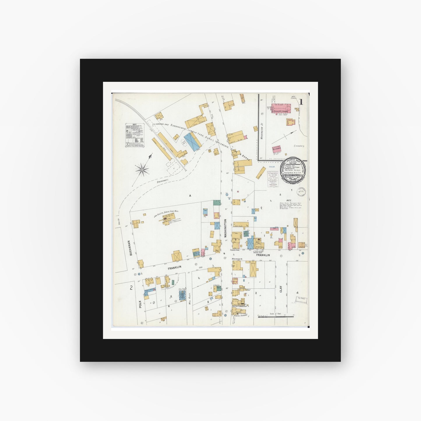 Old map wall art mockup — black gallery frame with white mat — Sanborn Fire Insurance Map from Schleisingerville, Washington County, Wisconsin (1900) - Complete Map Set