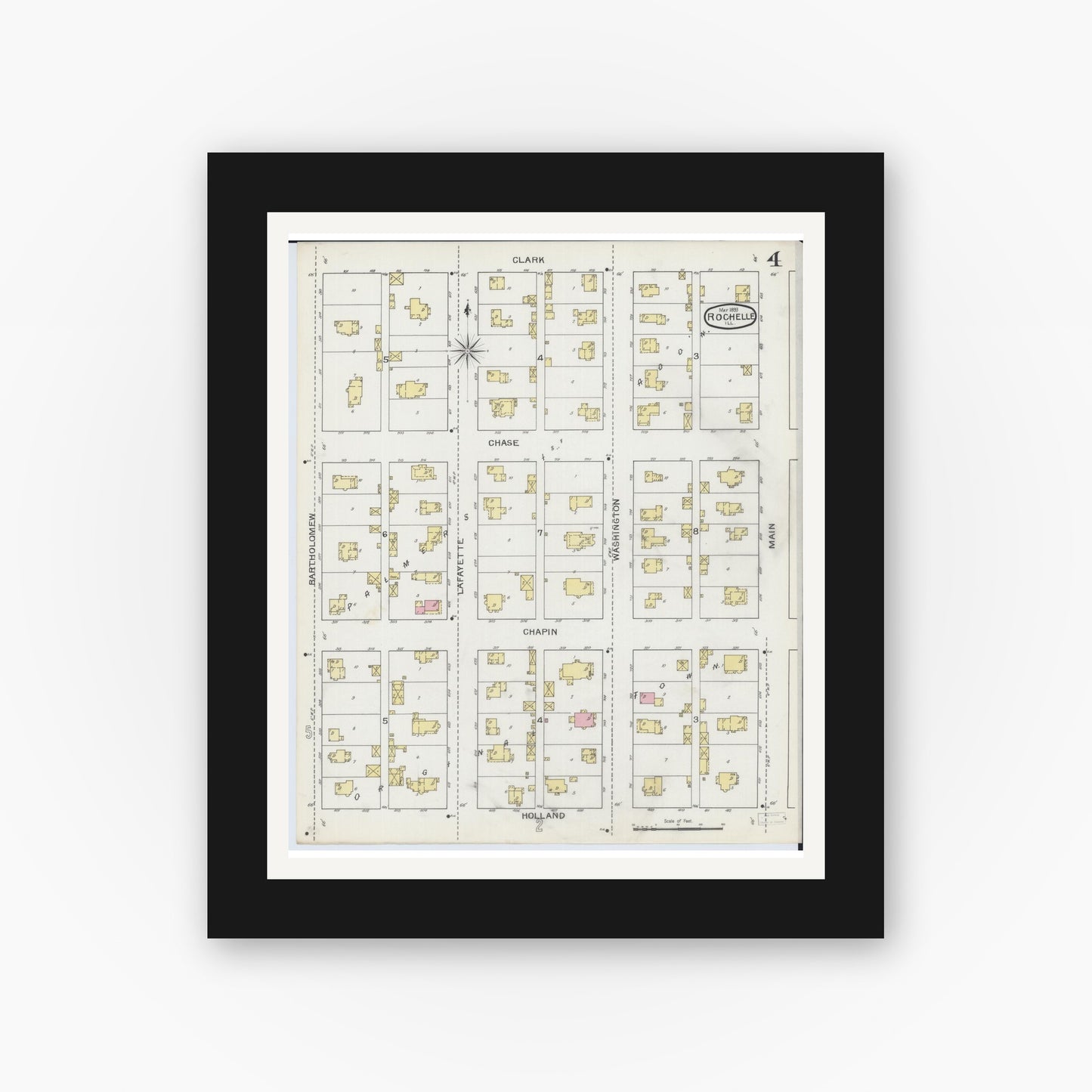 Old map wall art mockup — black gallery frame with white mat — Sanborn Fire Insurance Map from Rochelle, Ogle County, Illinois (1893), Sheet #0004