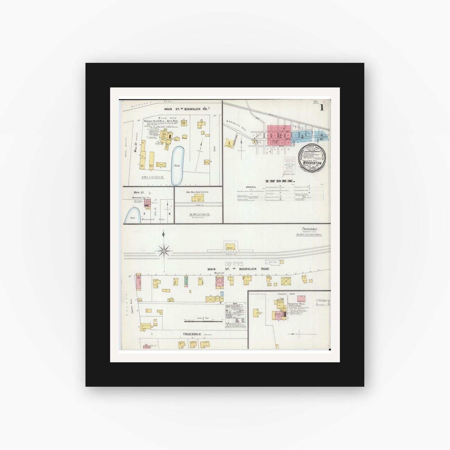 Old map wall art mockup — black gallery frame with white mat — Sanborn Fire Insurance Map from Warrenton, Warren County, Missouri (1900) - Complete Map Set