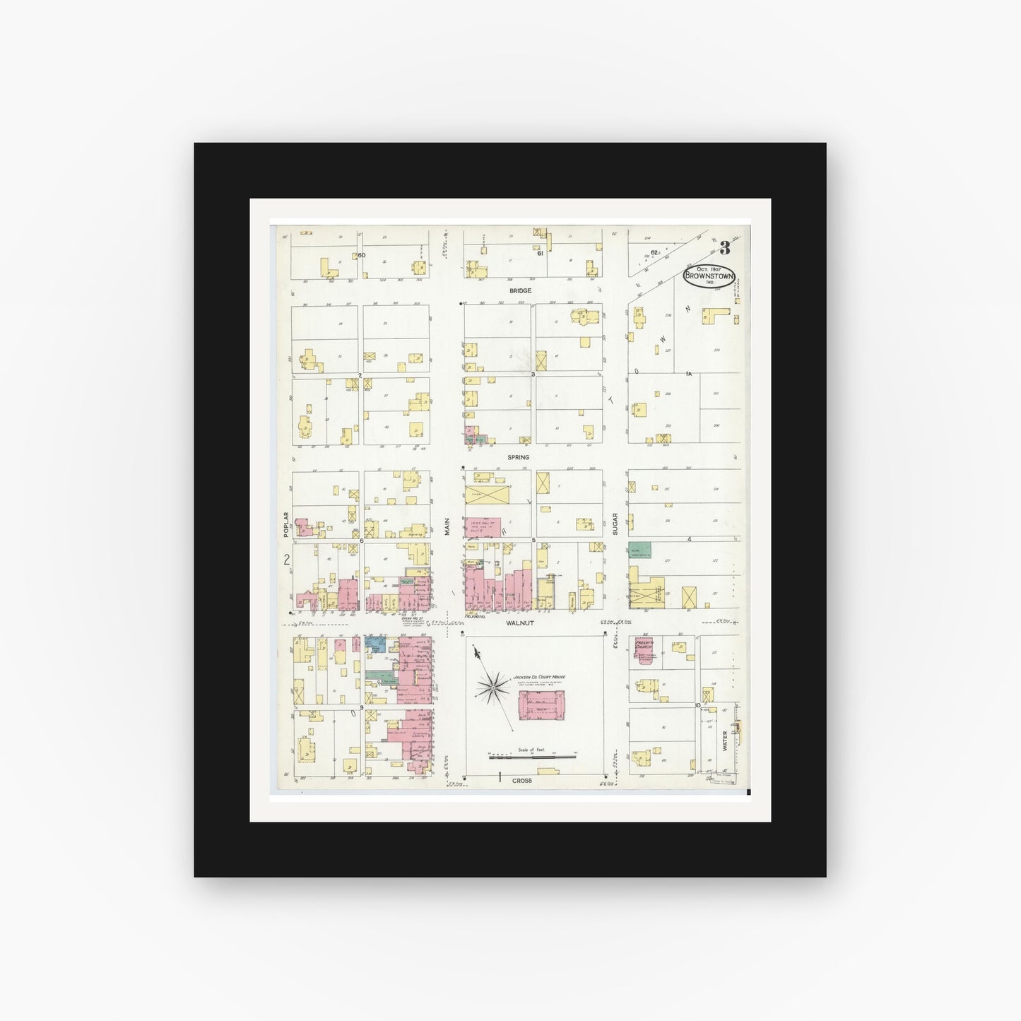 Old map wall art mockup — black gallery frame with white mat — Sanborn Fire Insurance Map from Brownstown, Jackson County, Indiana (1907), Sheet #0003