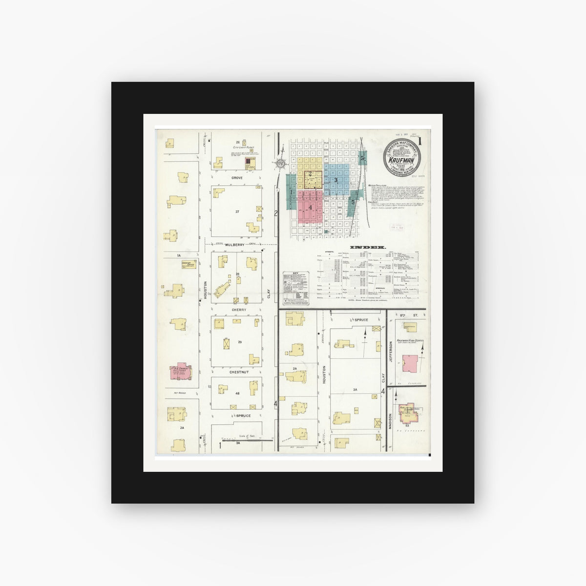 Old map wall art mockup — black gallery frame with white mat — Sanborn Fire Insurance Map from Kaufman, Kaufman County, Texas (1912) - Complete Map Set