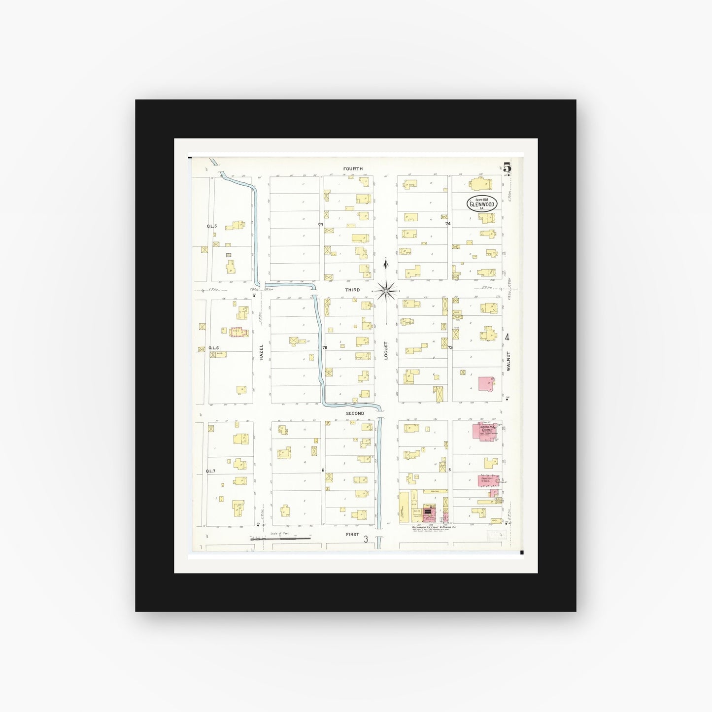 Old map wall art mockup — black gallery frame with white mat — Sanborn Fire Insurance Map from Glenwood, Mills County, Iowa (1908), Sheet #0005