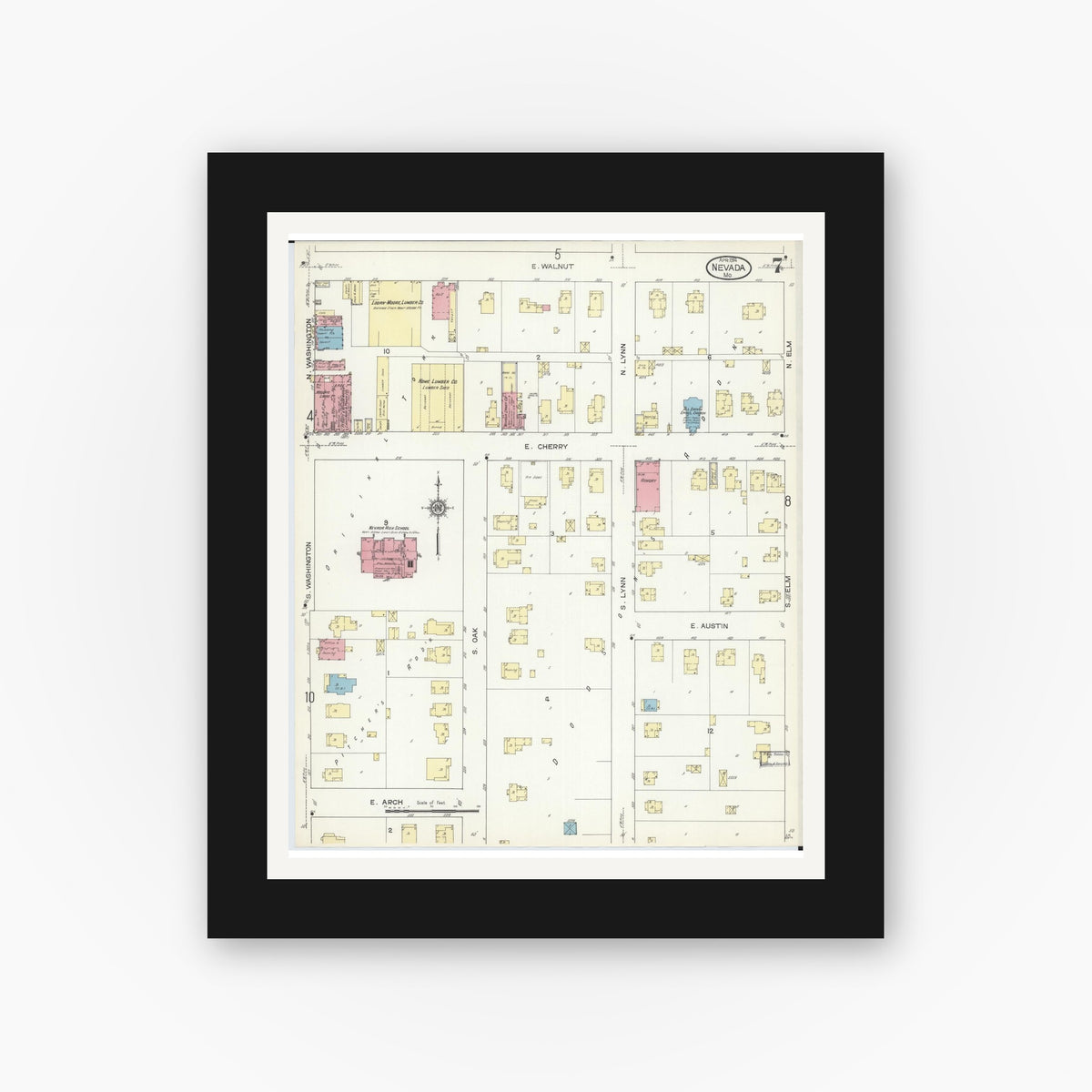 Old map wall art mockup — black gallery frame with white mat — Sanborn Fire Insurance Map from Nevada, Vernon County, Missouri (1914), Sheet #0007