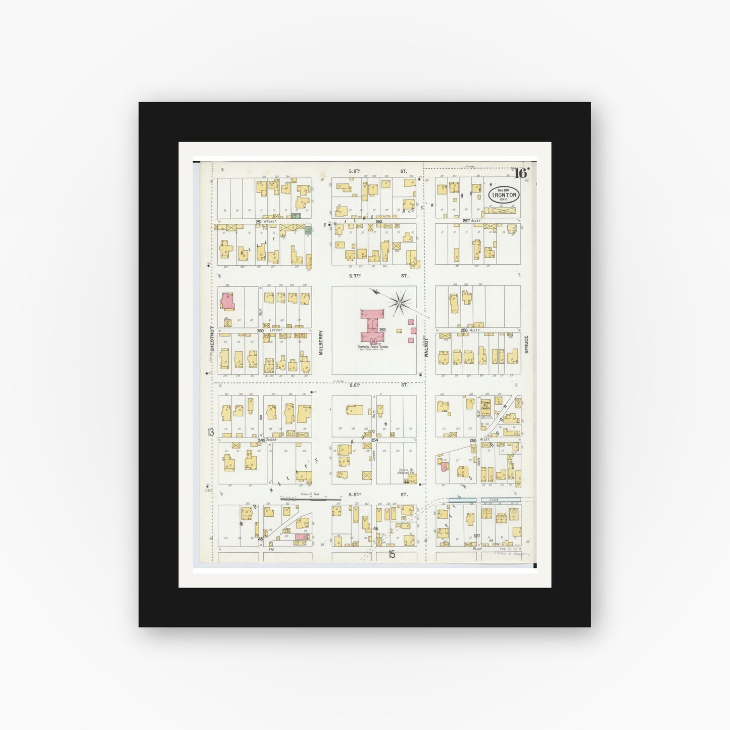 Old map wall art mockup — black gallery frame with white mat — Sanborn Fire Insurance Map from Ironton, Lawrence County, Ohio (1900), Sheet #0016