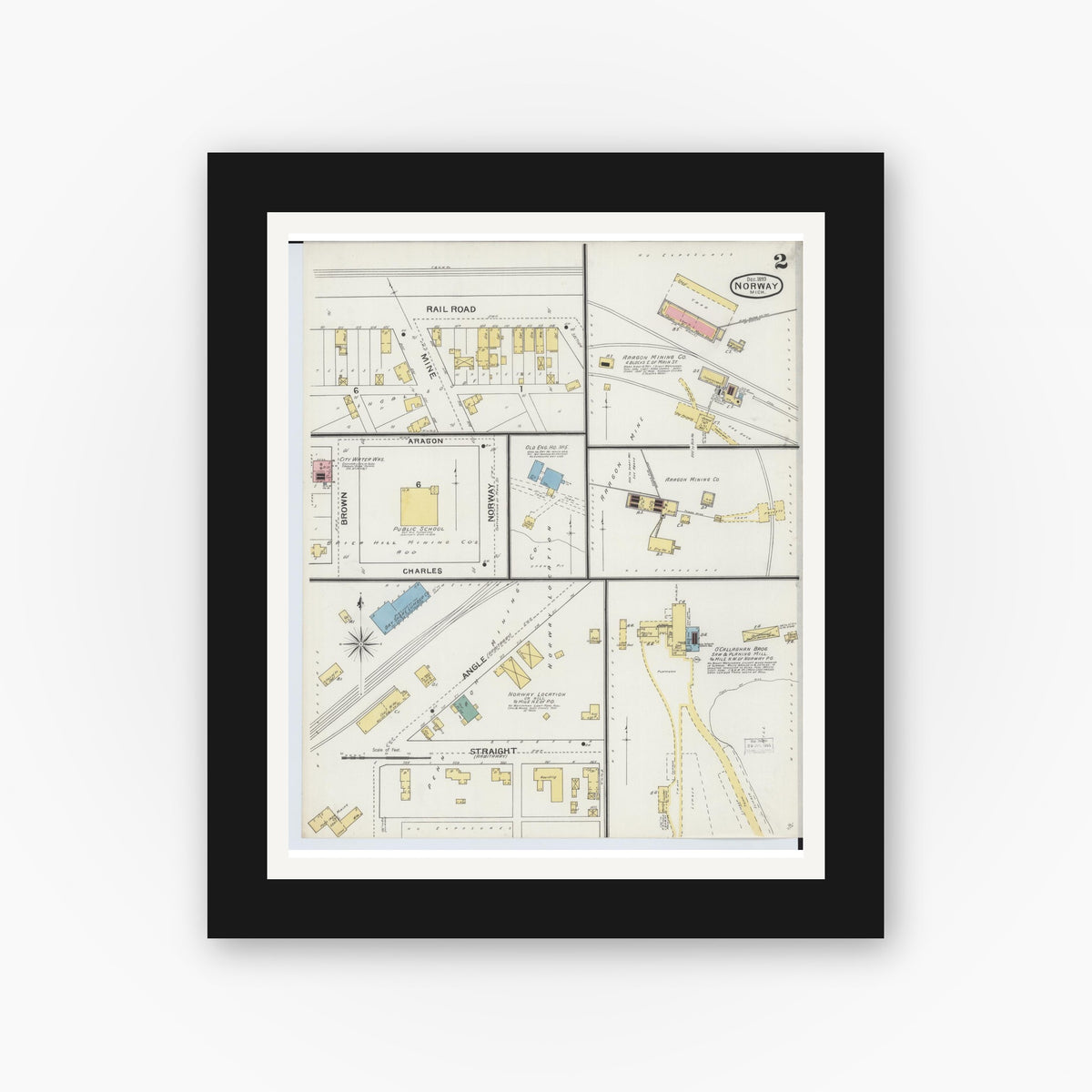 Old map wall art mockup — black gallery frame with white mat — Sanborn Fire Insurance Map from Norway, Dickinson County, Michigan (1893), Sheet #0002