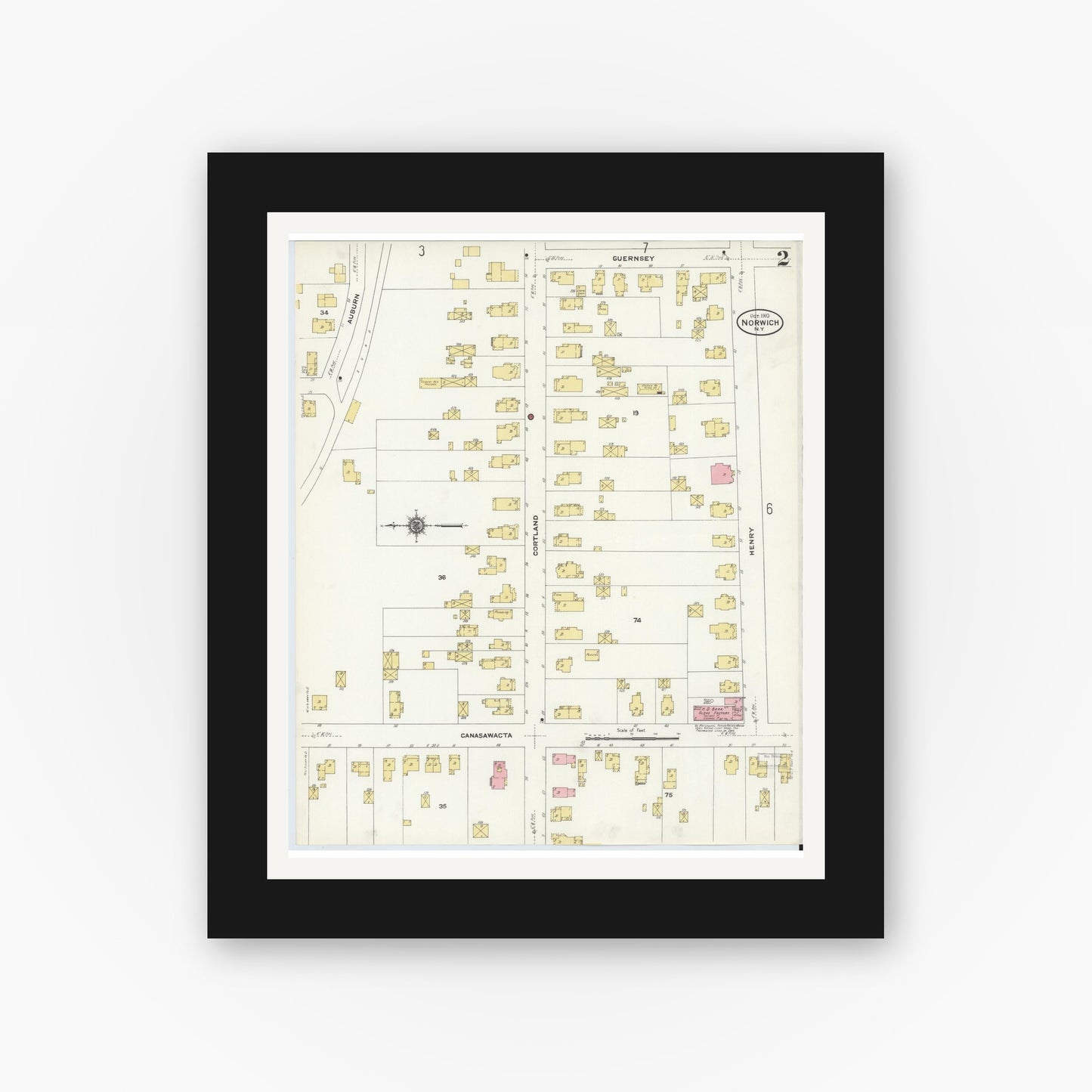 Old map wall art mockup — black gallery frame with white mat — Sanborn Fire Insurance Map from Norwich, Chenango County, New York (1910) - Complete Map Set