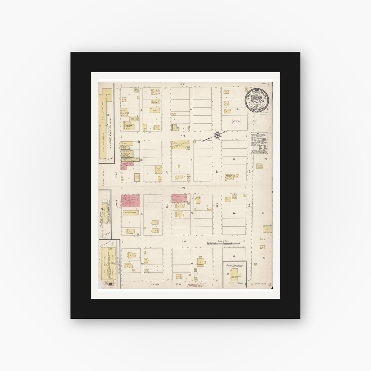 Old map wall art mockup — black gallery frame with white mat — Sanborn Fire Insurance Map from Atwater, Merced County, California (1914), Sheet #0001
