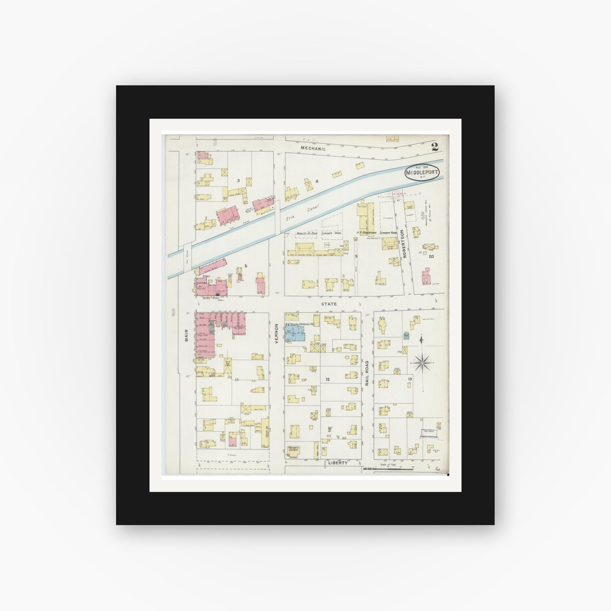 Old map wall art mockup — black gallery frame with white mat — Sanborn Fire Insurance Map from Middleport, Niagara County, New York (1894), Sheet #0002