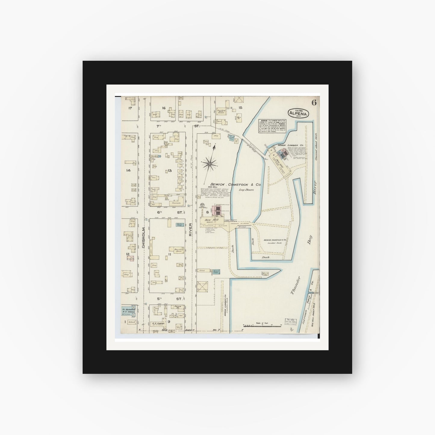 Old map wall art mockup — black gallery frame with white mat — Sanborn Fire Insurance Map from Alpena, Alpena County, Michigan (1884), Sheet #0006