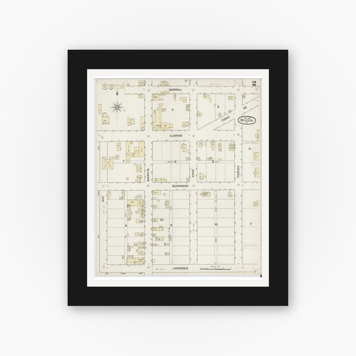Old map wall art mockup β black gallery frame with white mat β Sanborn Fire Insurance Map from Wilcox, Elk County, Pennsylvania (1887), Sheet #0002