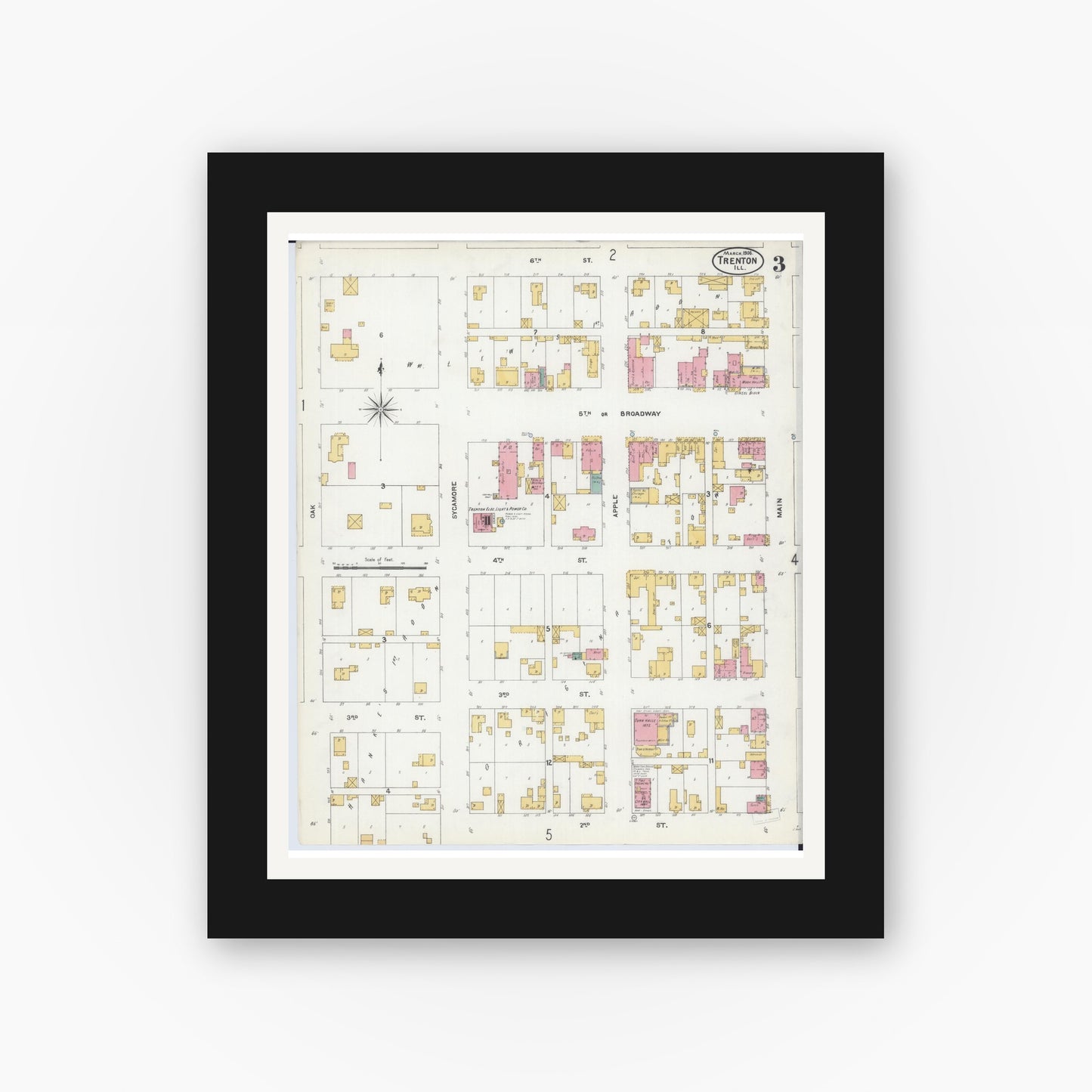 Old map wall art mockup — black gallery frame with white mat — Sanborn Fire Insurance Map from Trenton, Clinton County, Illinois (1906), Sheet #0003
