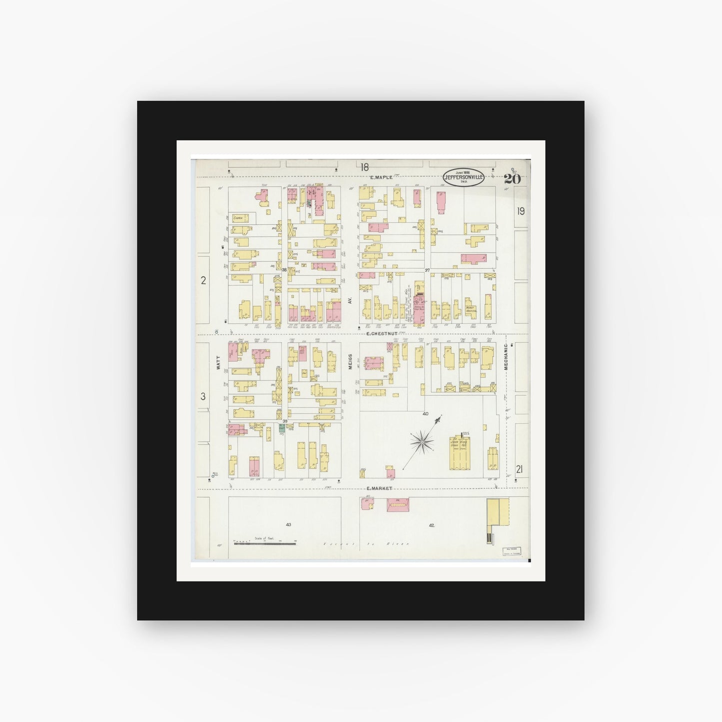 Old map wall art mockup — black gallery frame with white mat — Sanborn Fire Insurance Map from Jeffersonville, Clark County, Indiana (1898), Sheet #0020