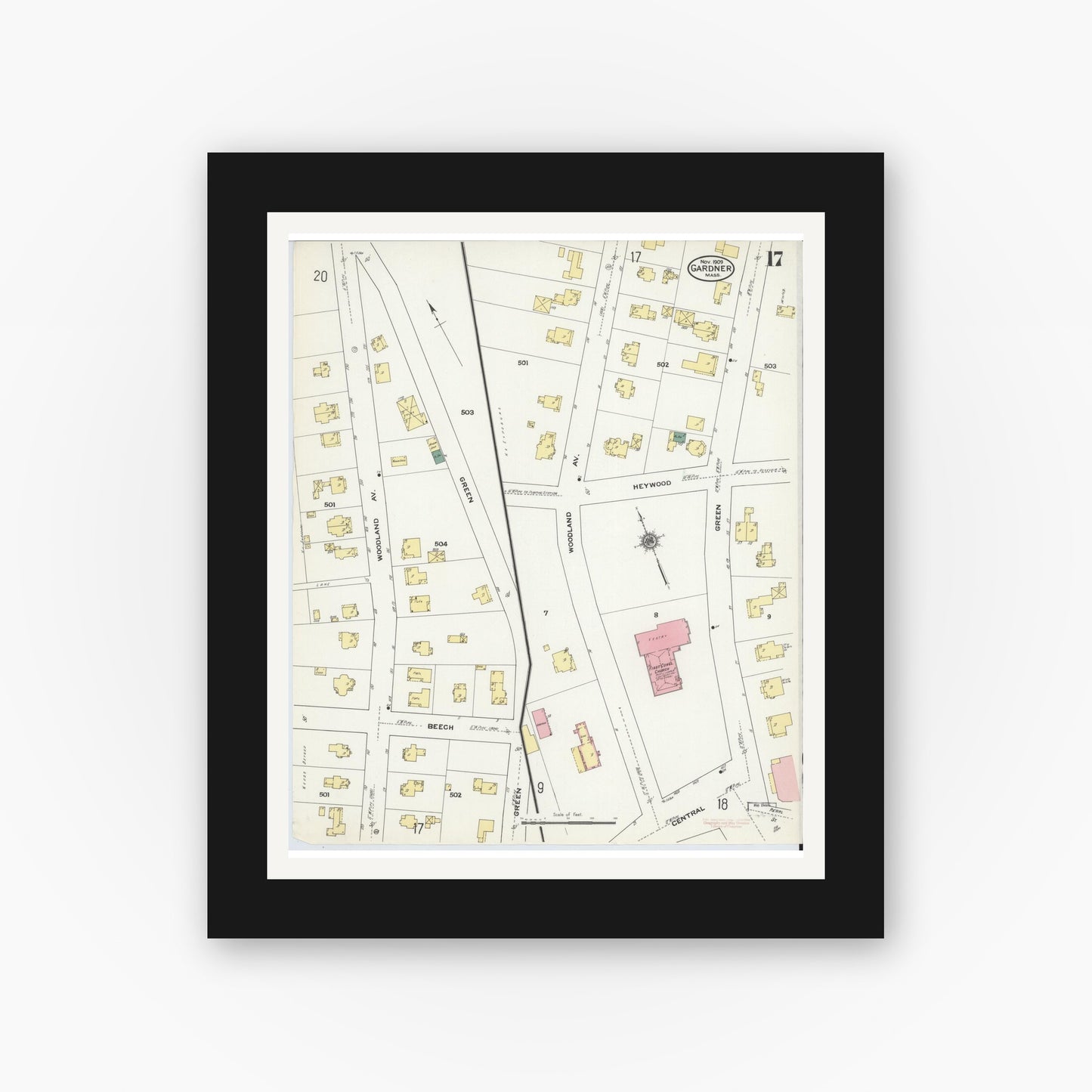 Old map wall art mockup — black gallery frame with white mat — Sanborn Fire Insurance Map from Gardner, Worcester County, Massachusetts (1909), Sheet #0017