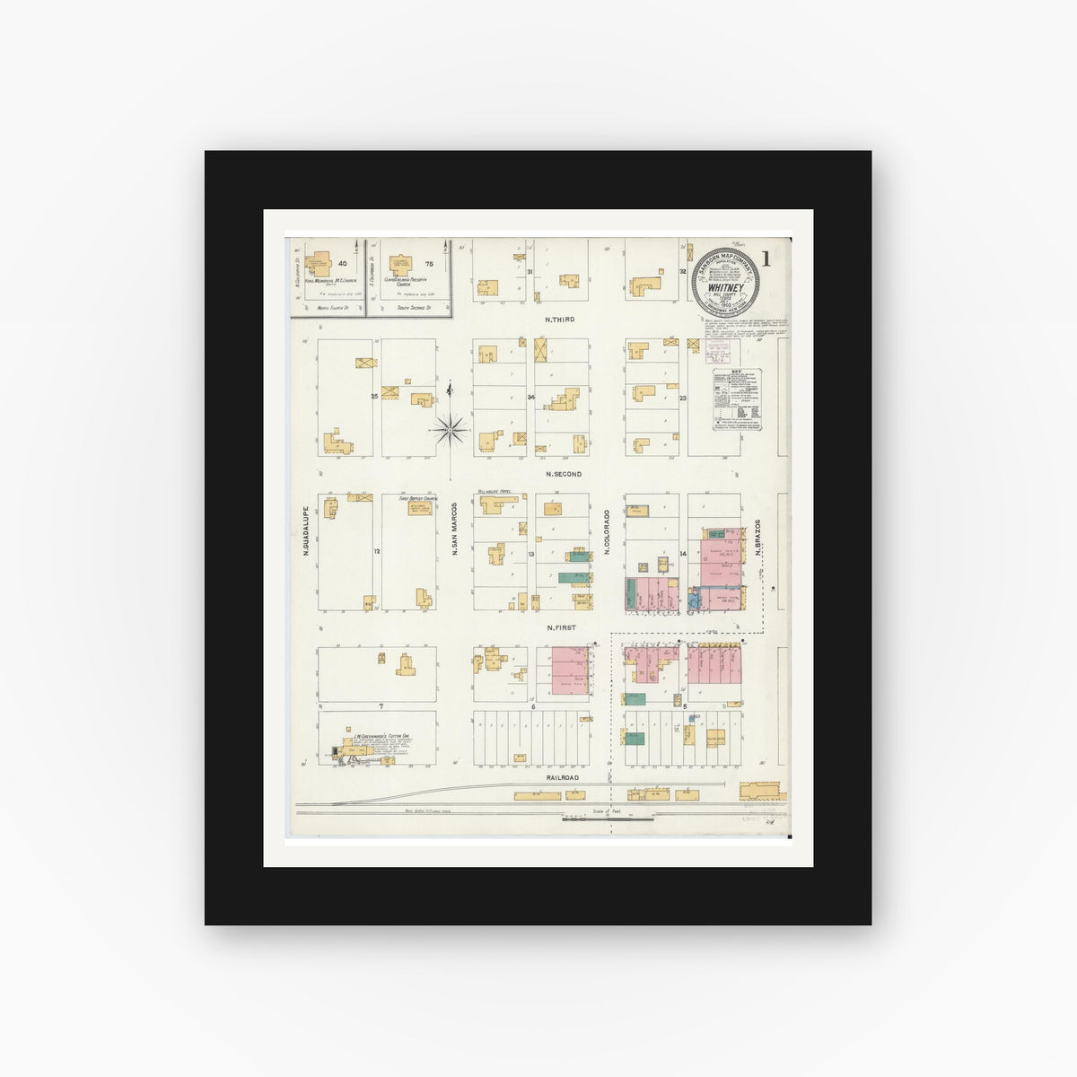 Old map wall art mockup — black gallery frame with white mat — Sanborn Fire Insurance Map from Whitney, Hill County, Texas (1905), Sheet #0001