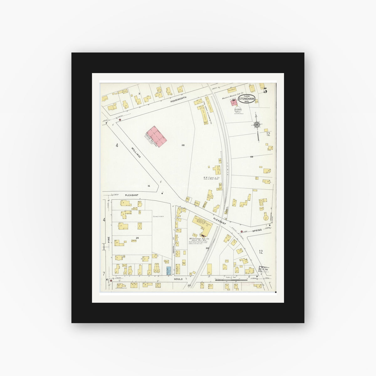 Old map wall art mockup — black gallery frame with white mat — Sanborn Fire Insurance Map from Stoneham, Middlesex County, Massachusetts (1916), Sheet #0005