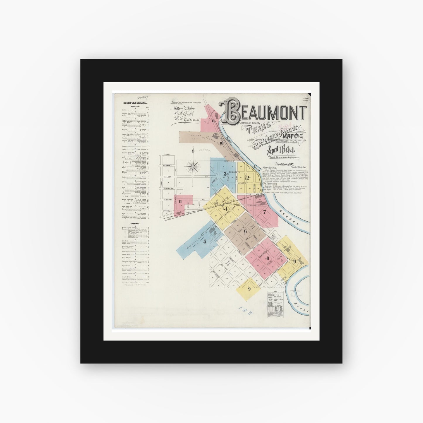Old map wall art mockup — black gallery frame with white mat — Sanborn Fire Insurance Map from Beaumont, Jefferson County, Texas (1894) - Complete Map Set