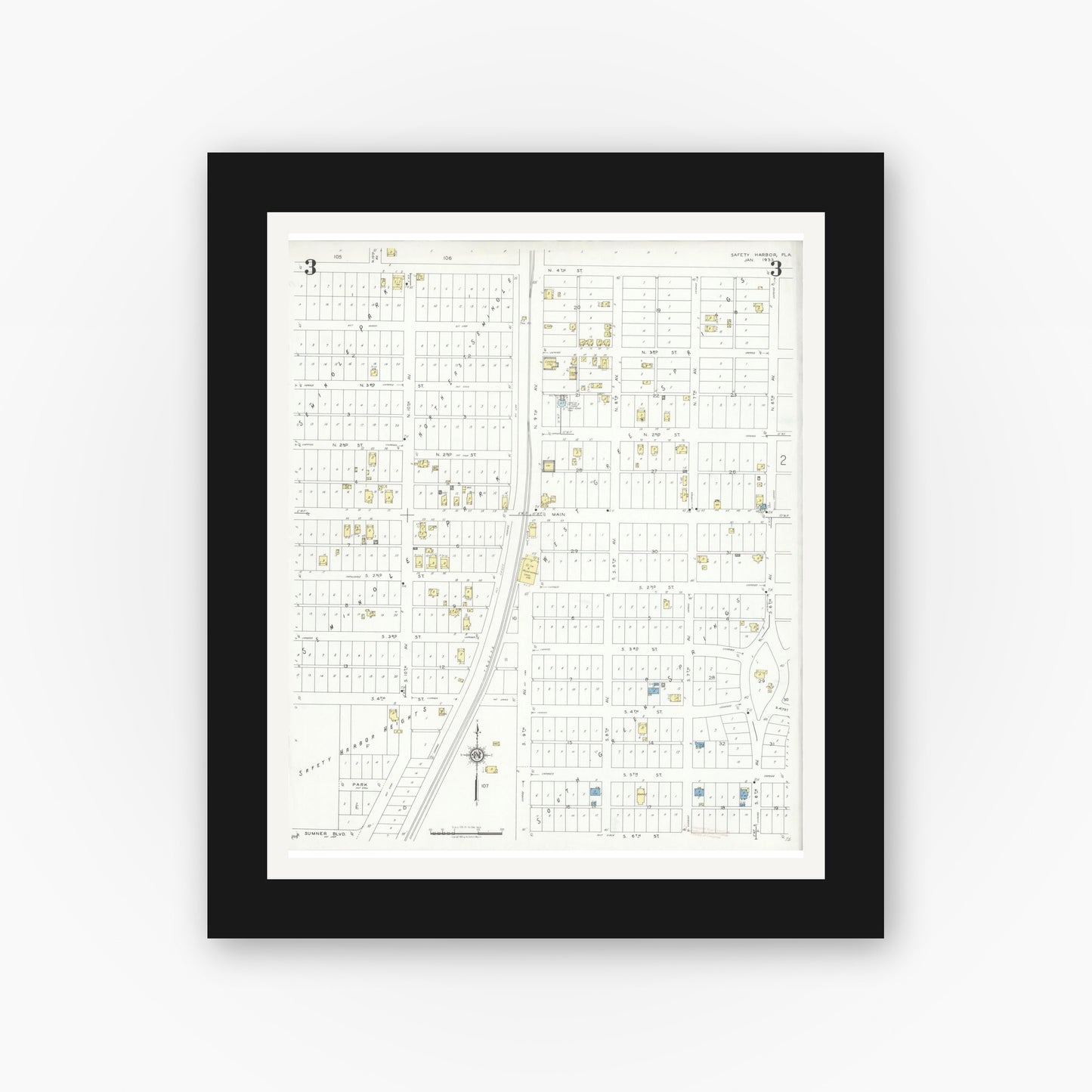 Old map wall art mockup — black gallery frame with white mat — Sanborn Fire Insurance Map from Safety Harbor, Pinellas County, Florida (1933), Sheet #0003