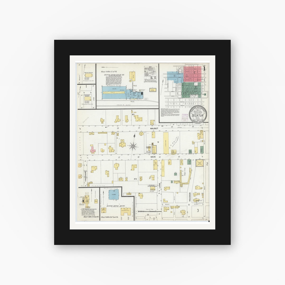 Old map wall art mockup — black gallery frame with white mat — Sanborn Fire Insurance Map from Decatur, Wise County, Texas (1902), Sheet #0001