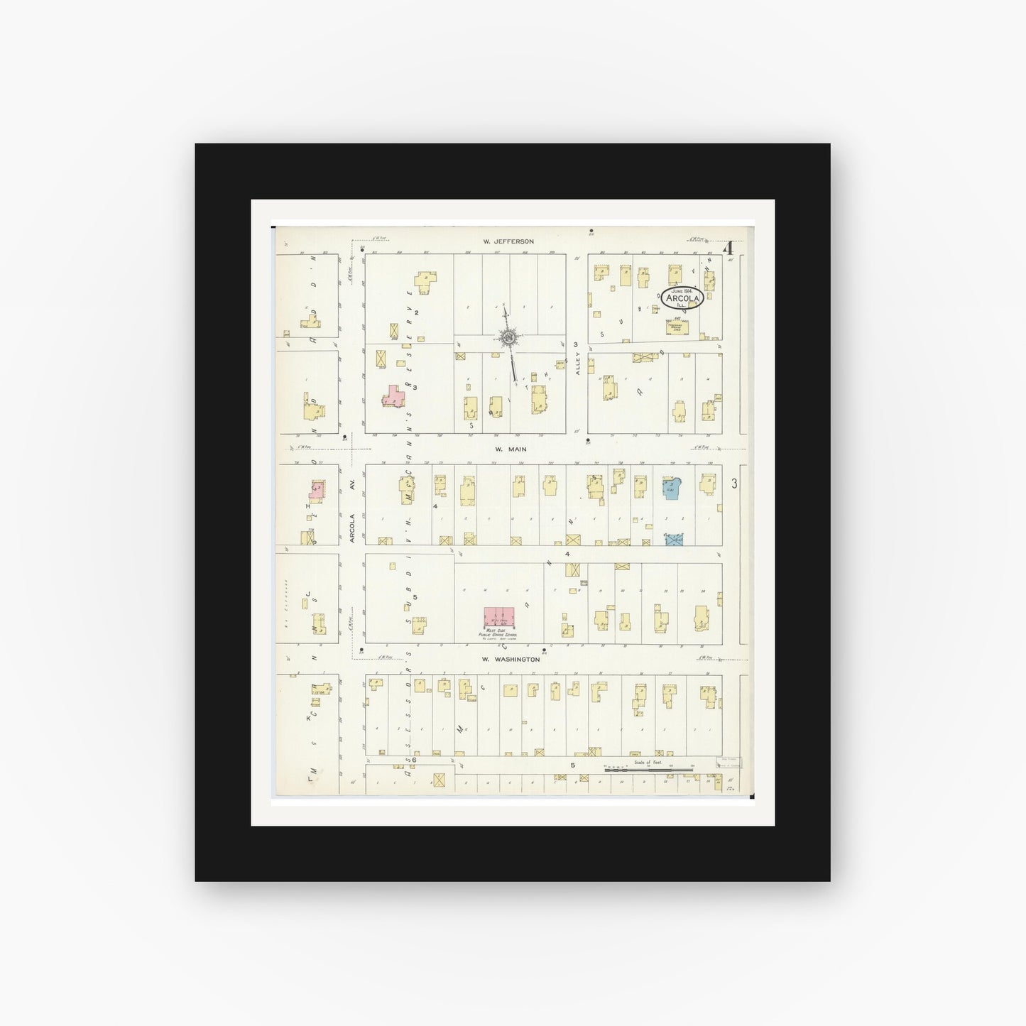Old map wall art mockup — black gallery frame with white mat — Sanborn Fire Insurance Map from Arcola, Douglas County, Illinois (1914), Sheet #0004