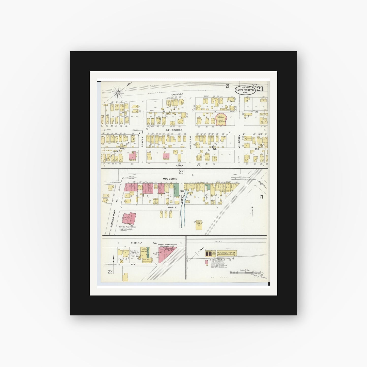 Old map wall art mockup — black gallery frame with white mat — Sanborn Fire Insurance Map from East Liverpool, Columbiana County, Ohio (1908), Sheet #0021