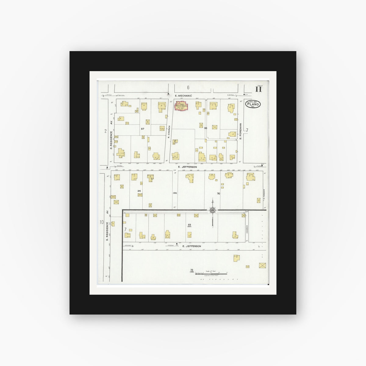 Old map wall art mockup — black gallery frame with white mat — Sanborn Fire Insurance Map from Plano, Collin County, Texas (1921), Sheet #0011