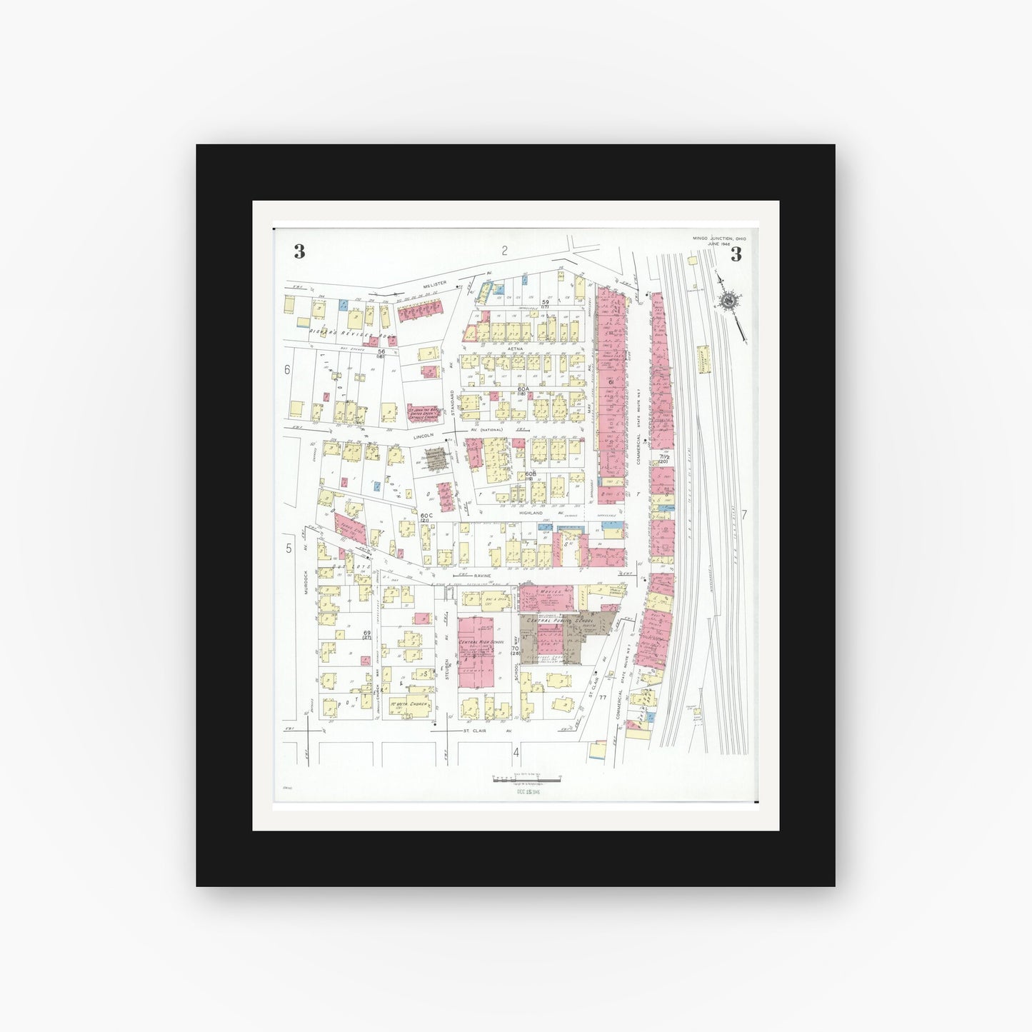 Old map wall art mockup — black gallery frame with white mat — Sanborn Fire Insurance Map from Mingo Junction, Jefferson County, Ohio (1946), Sheet #0003