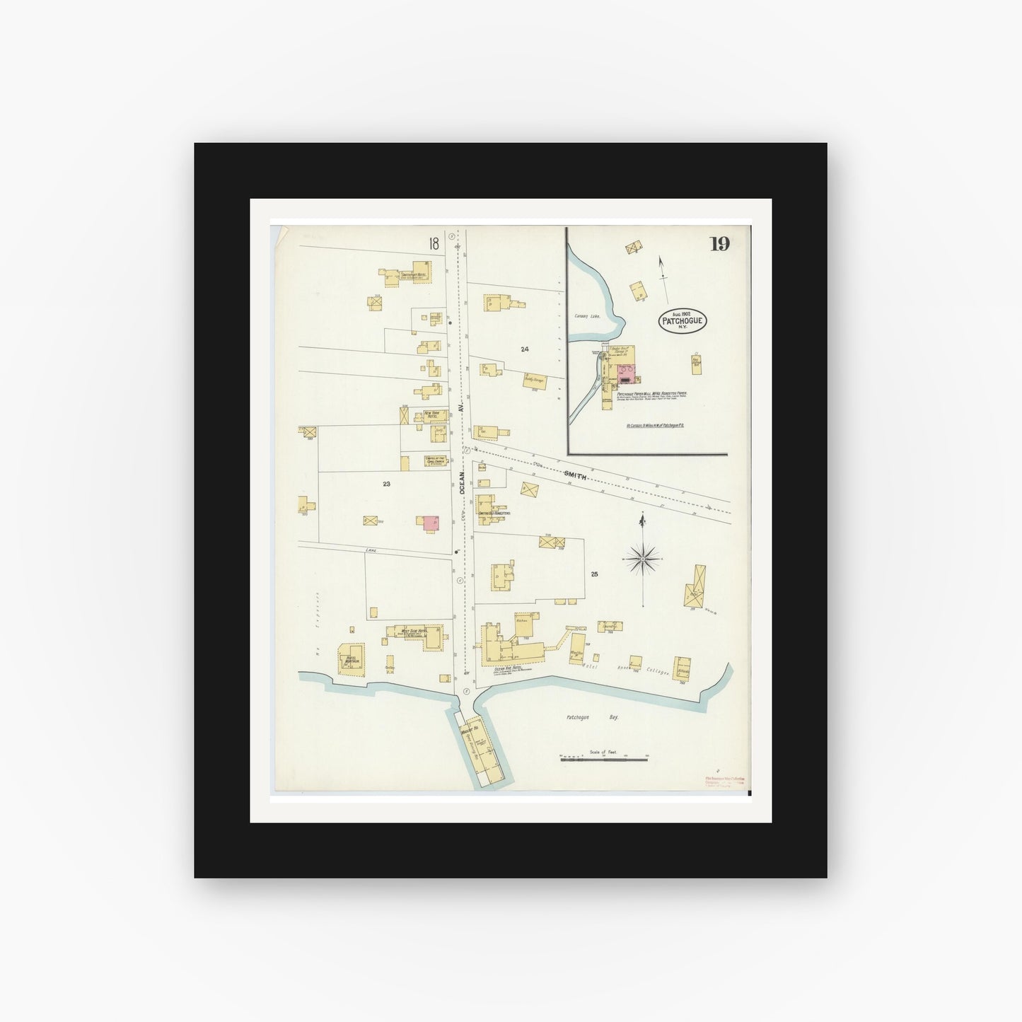 Old map wall art mockup — black gallery frame with white mat — Sanborn Fire Insurance Map from Patchogue, Suffolk County, New York (1902), Sheet #0019