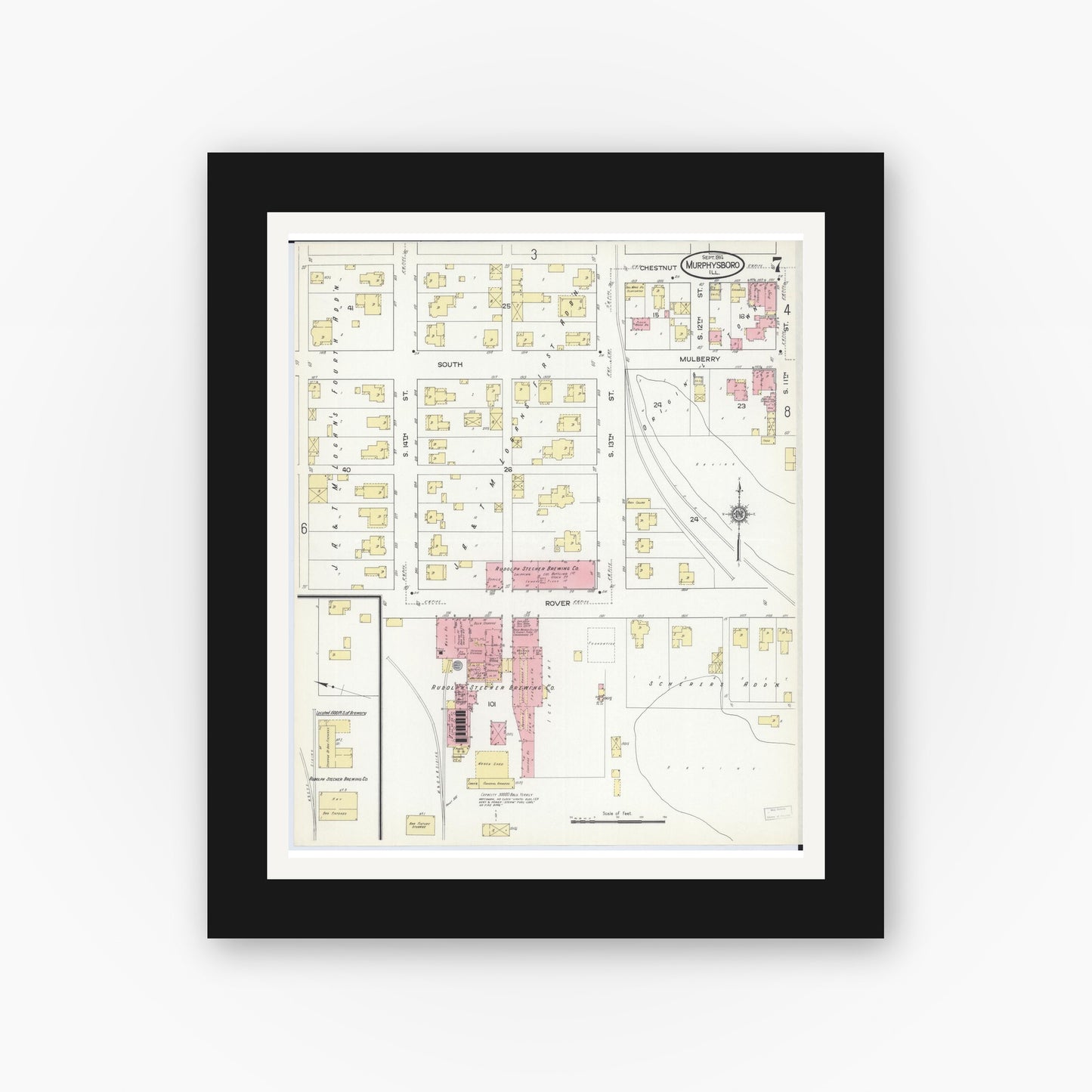 Old map wall art mockup — black gallery frame with white mat — Sanborn Fire Insurance Map from Murphysboro, Jackson County, Illinois (1914), Sheet #0007