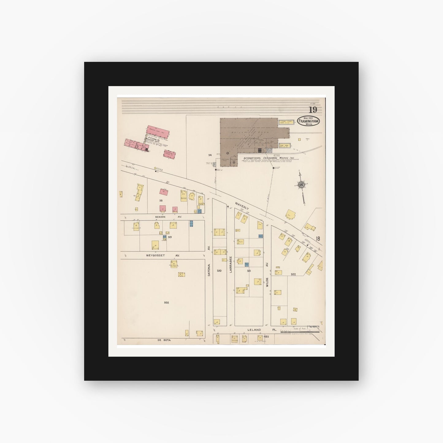 Old map wall art mockup — black gallery frame with white mat — Sanborn Fire Insurance Map from Framingham, Middlesex County, Massachusetts (1922), Sheet #0019