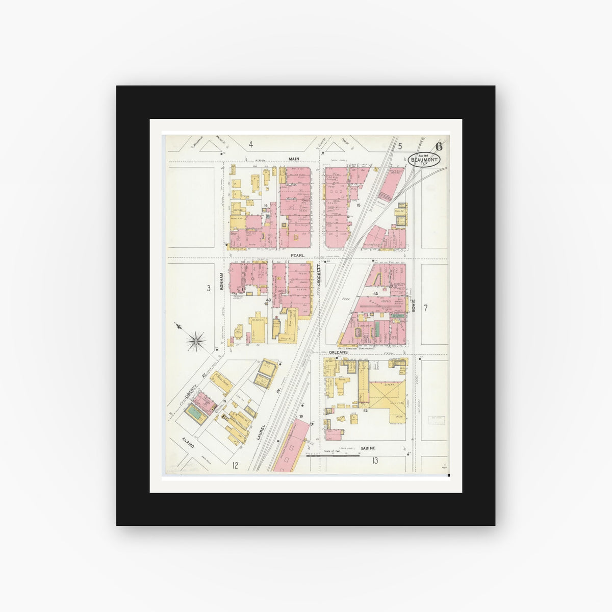 Old map wall art mockup — black gallery frame with white mat — Sanborn Fire Insurance Map from Beaumont, Jefferson County, Texas (1904), Sheet #0006
