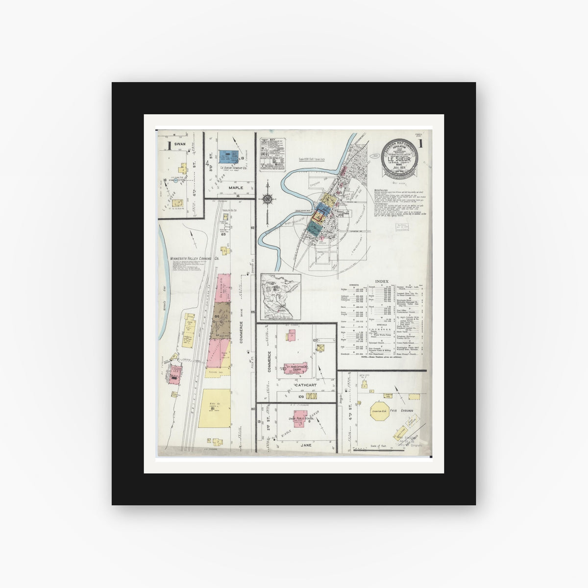 Old map wall art mockup — black gallery frame with white mat — Sanborn Fire Insurance Map from Le Sueur, Le Sueur County, Minnesota (1924), Sheet #0001