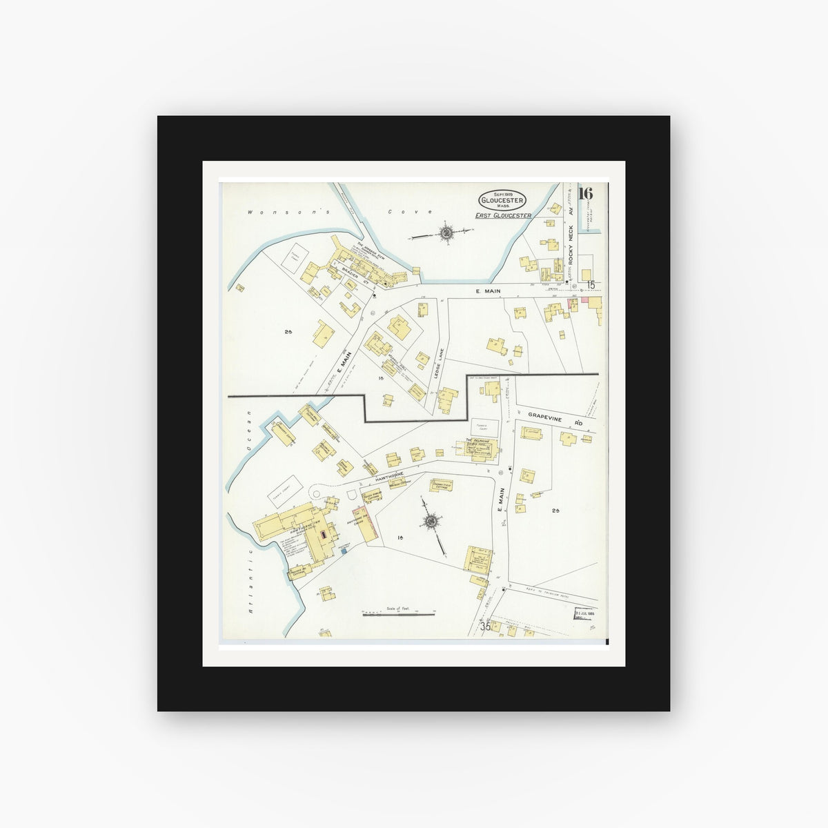 Old map wall art mockup — black gallery frame with white mat — Sanborn Fire Insurance Map from Gloucester, Essex County, Massachusetts (1909), Sheet #0016