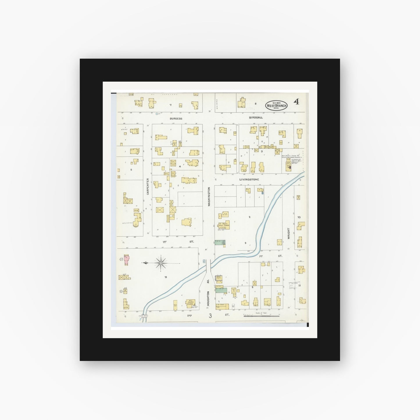 Old map wall art mockup — black gallery frame with white mat — Sanborn Fire Insurance Map from West Branch, Ogemaw County, Michigan (1904), Sheet #0004