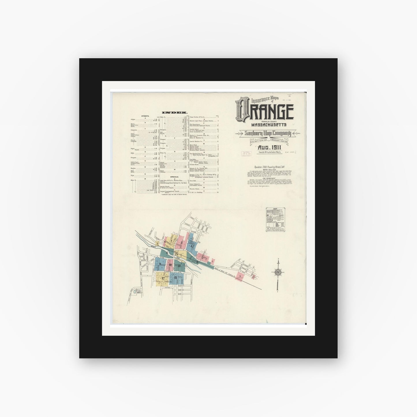 Old map wall art mockup — black gallery frame with white mat — Sanborn Fire Insurance Map from Orange, Franklin County, Massachusetts (1911), Sheet #0001