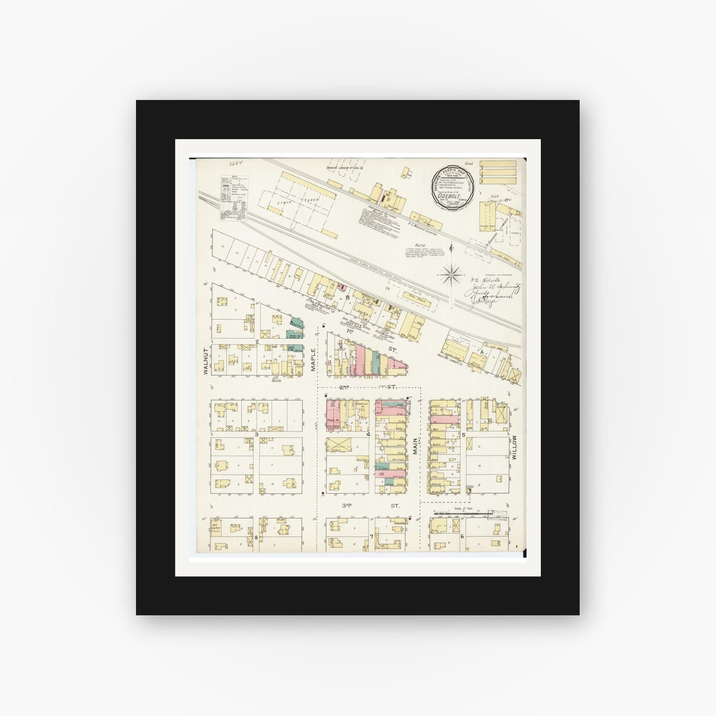 Old map wall art mockup — black gallery frame with white mat — Sanborn Fire Insurance Map from Odebolt, Sac County, Iowa (1893), Sheet #0001