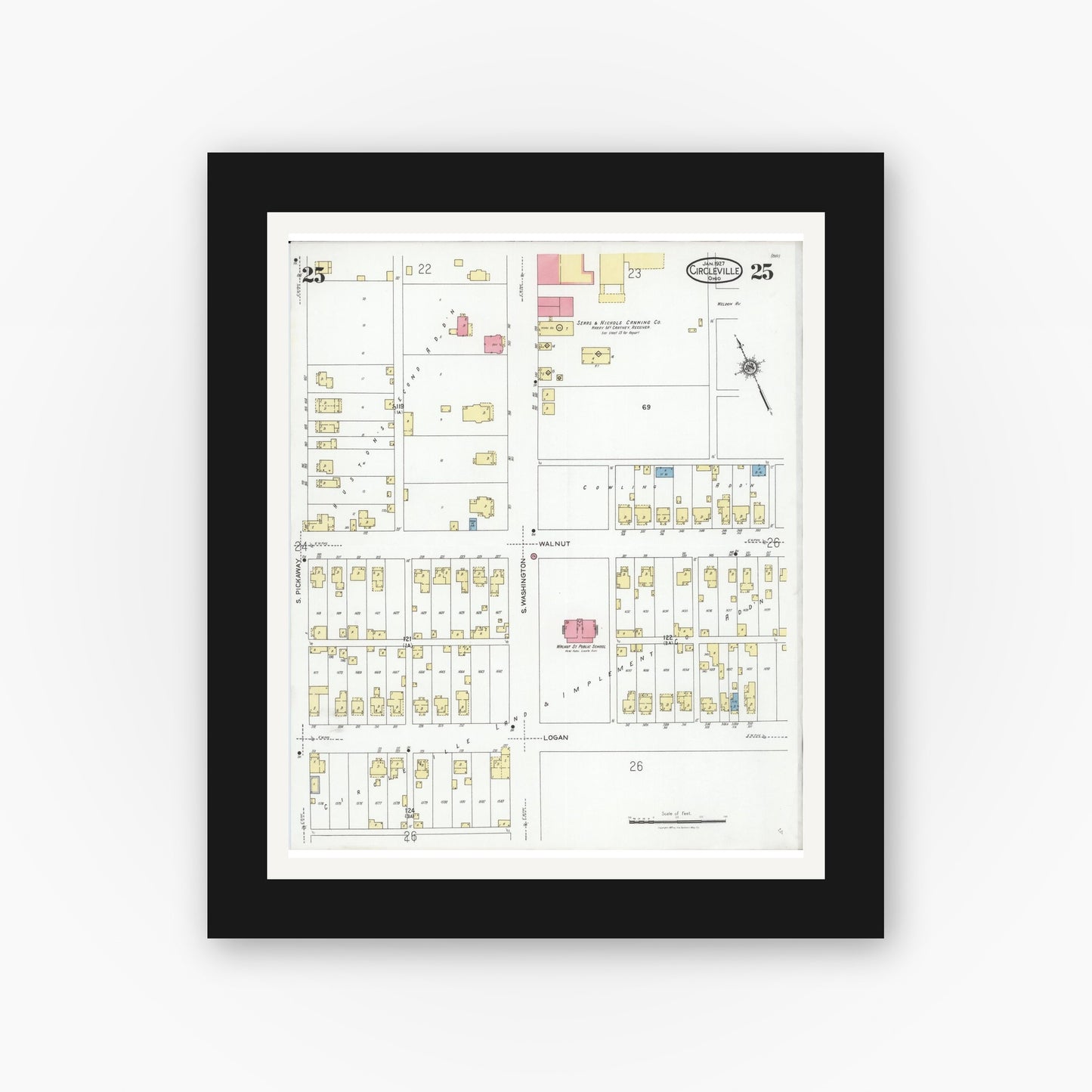 Old map wall art mockup — black gallery frame with white mat — Sanborn Fire Insurance Map from Circleville, Pickaway County, Ohio (1927), Sheet #0025