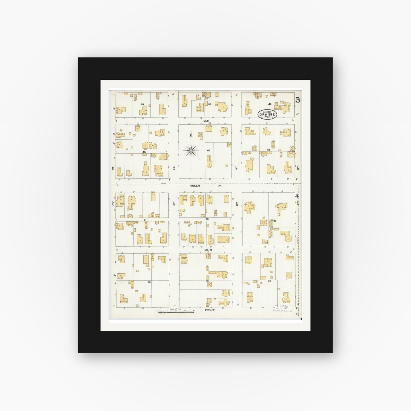 Old map wall art mockup — black gallery frame with white mat — Sanborn Fire Insurance Map from Orange, Orange County, Texas (1904), Sheet #0005