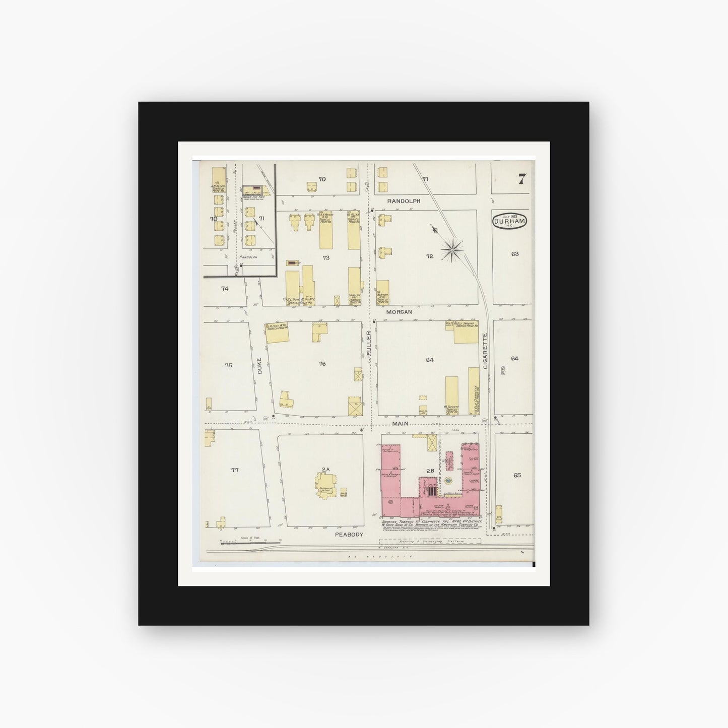 Old map wall art mockup — black gallery frame with white mat — Sanborn Fire Insurance Map from Durham, Durham County, North Carolina (1893), Sheet #0007