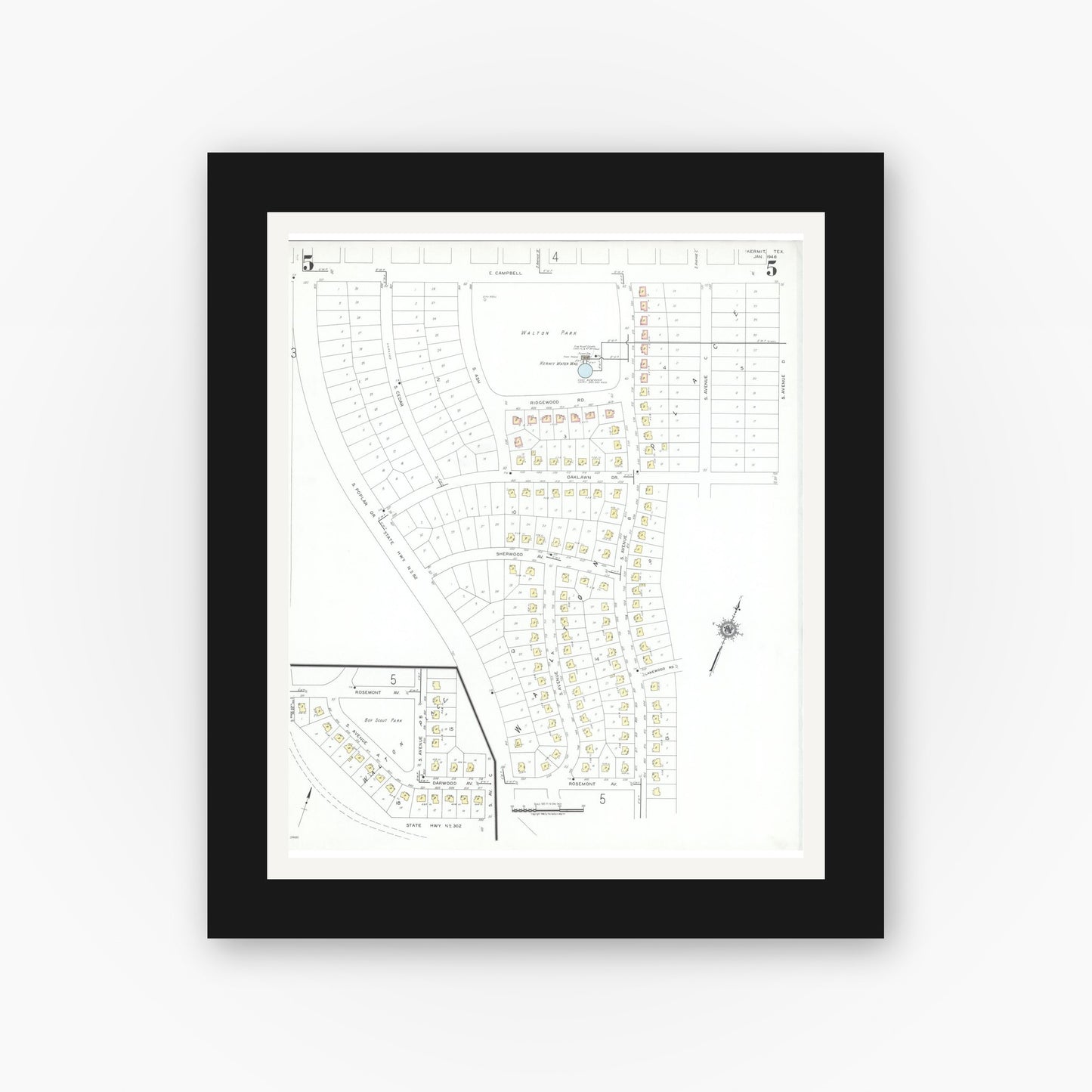 Old map wall art mockup — black gallery frame with white mat — Sanborn Fire Insurance Map from Kermit, Winkler County, Texas (1946), Sheet #0005
