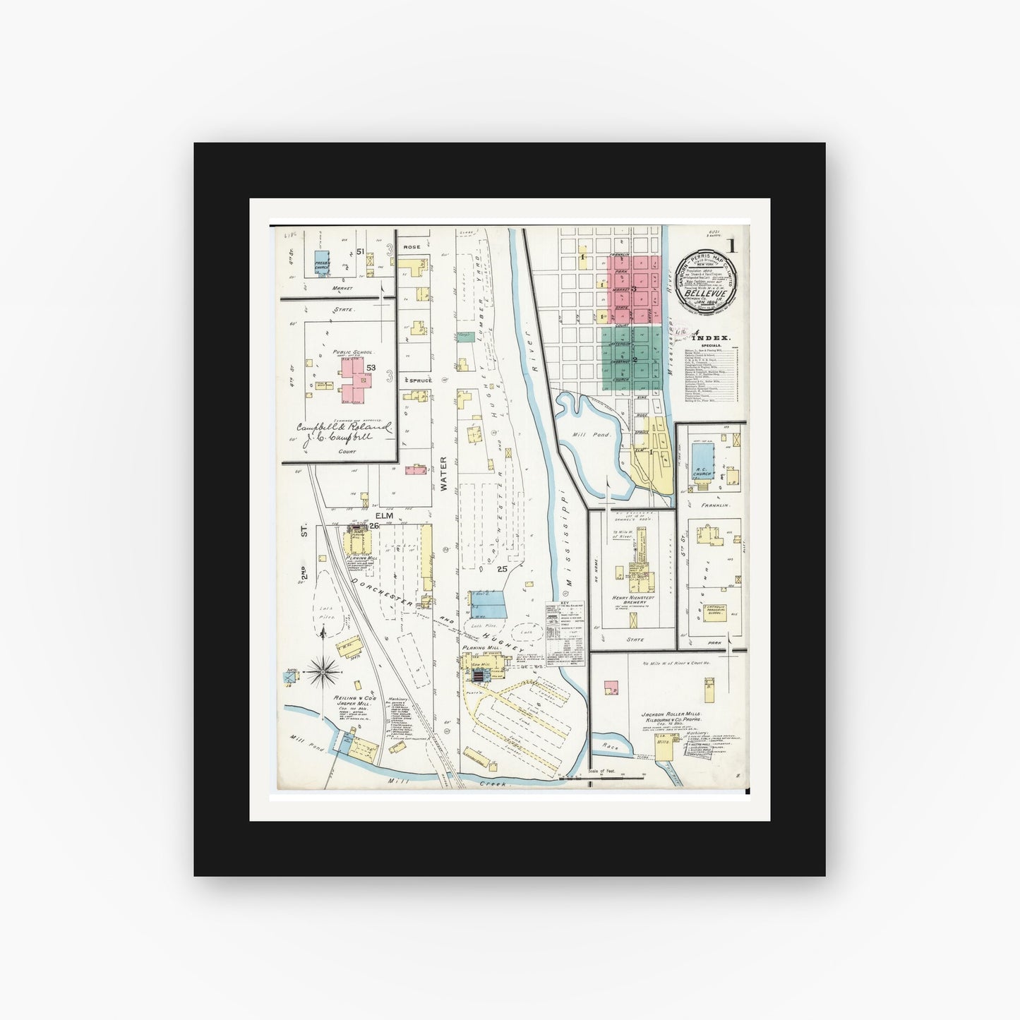 Old map wall art mockup — black gallery frame with white mat — Sanborn Fire Insurance Map from Bellevue, Jackson County, Iowa (1894) — Complete Set