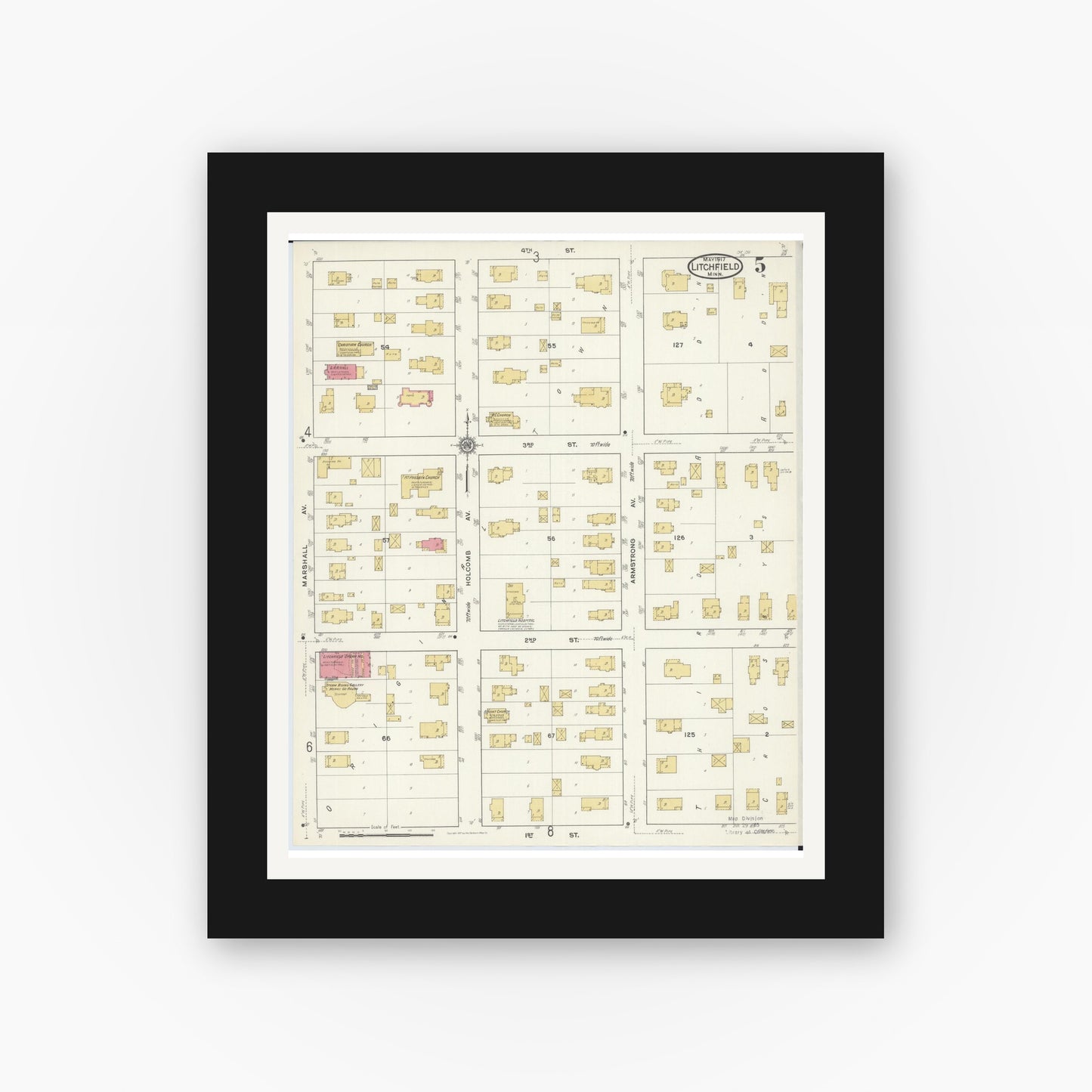 Old map wall art mockup — black gallery frame with white mat — Sanborn Fire Insurance Map from Litchfield, Meeker County, Minnesota (1917), Sheet #0005