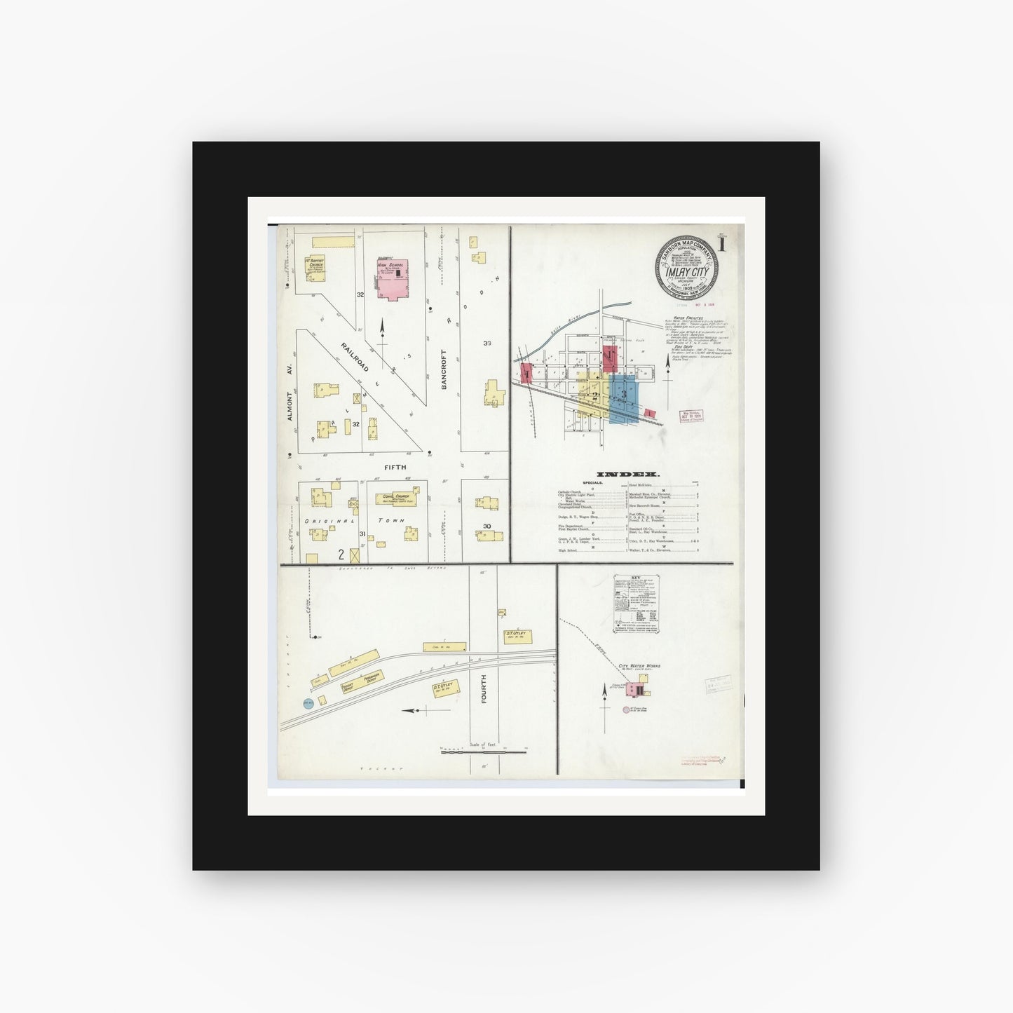 Old map wall art mockup β black gallery frame with white mat β Sanborn Fire Insurance Map from Imlay City, Lapeer County, Michigan (1909) - Complete Map Set
