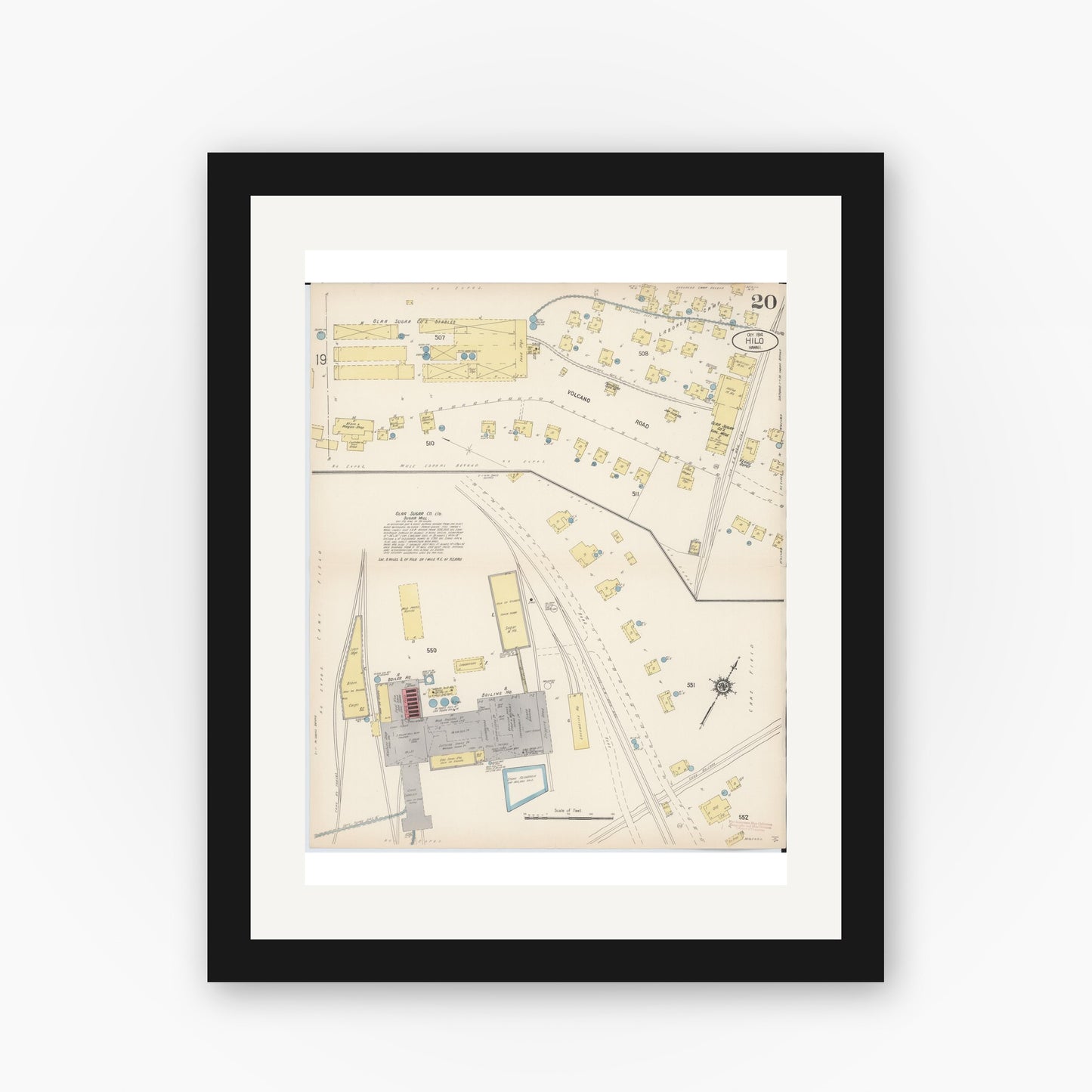 Old map wall art mockup — black gallery frame with white mat — Sanborn Fire Insurance Map from Hilo, Hawaii County, Hawaii (1914), Sheet #0020