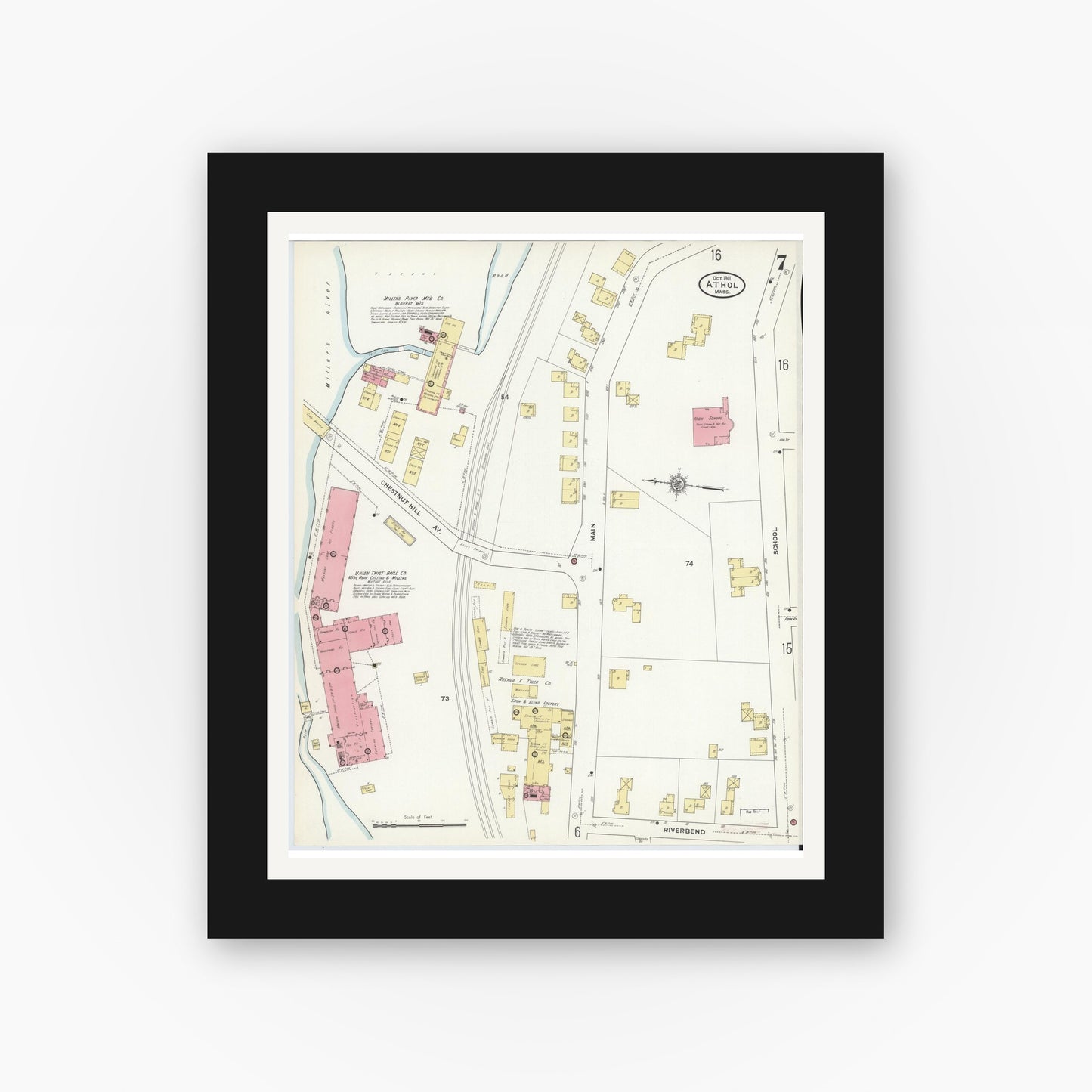 Old map wall art mockup — black gallery frame with white mat — Sanborn Fire Insurance Map from Athol, Worcester County, Massachusetts (1911), Sheet #0007