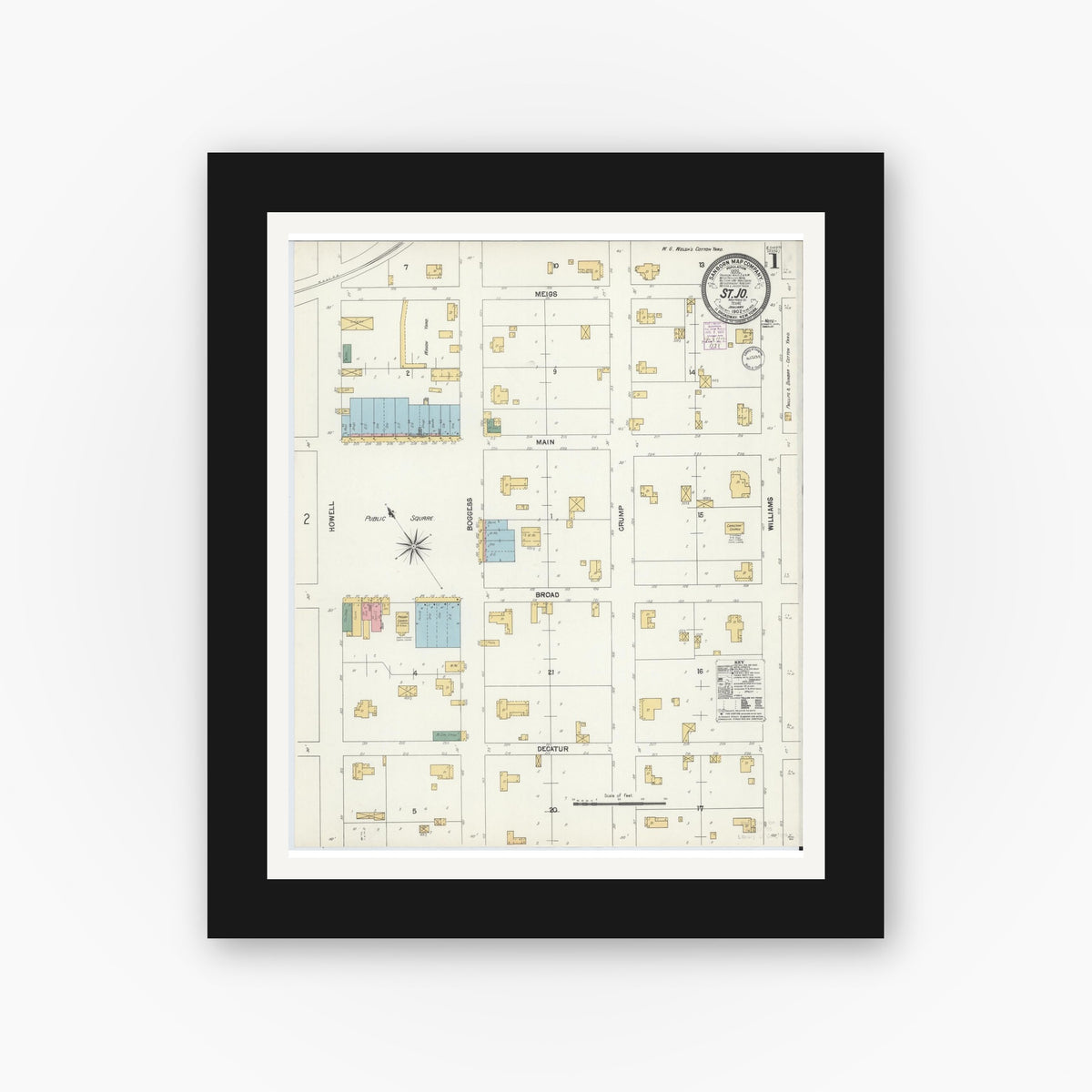 Old map wall art mockup — black gallery frame with white mat — Sanborn Fire Insurance Map from Saint Jo, Montague County, Texas (1902) - Complete Map Set